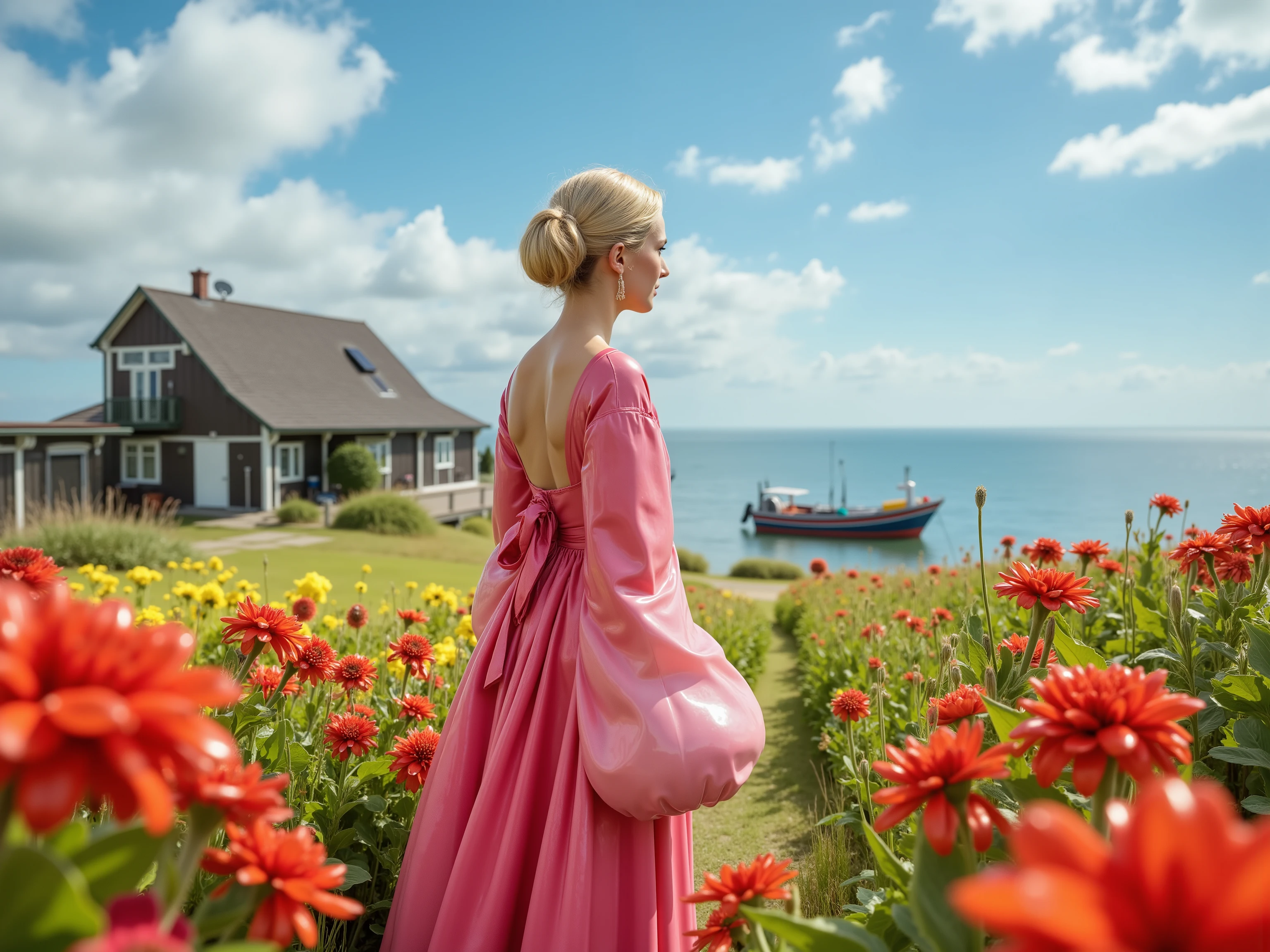 masterpiece、最High Quality、High Quality、 Detailed CG Unity 8K Wallpaper 、 scenery、Admire the prairie、窓の外の scenery、colorful flowers、The ocean beyond the prairie、nature、Scandinavian house facing the ocean、There is a fishing boat、blue sky that seems to pass through、a woman wearing a pink latex dress on the boat depth of field、high resolution、flower、 Chromatic Aberration、Photorealism、very well detailed、art station wearing a riff、CG social trends、 complicated 、High Detail、dramatic、