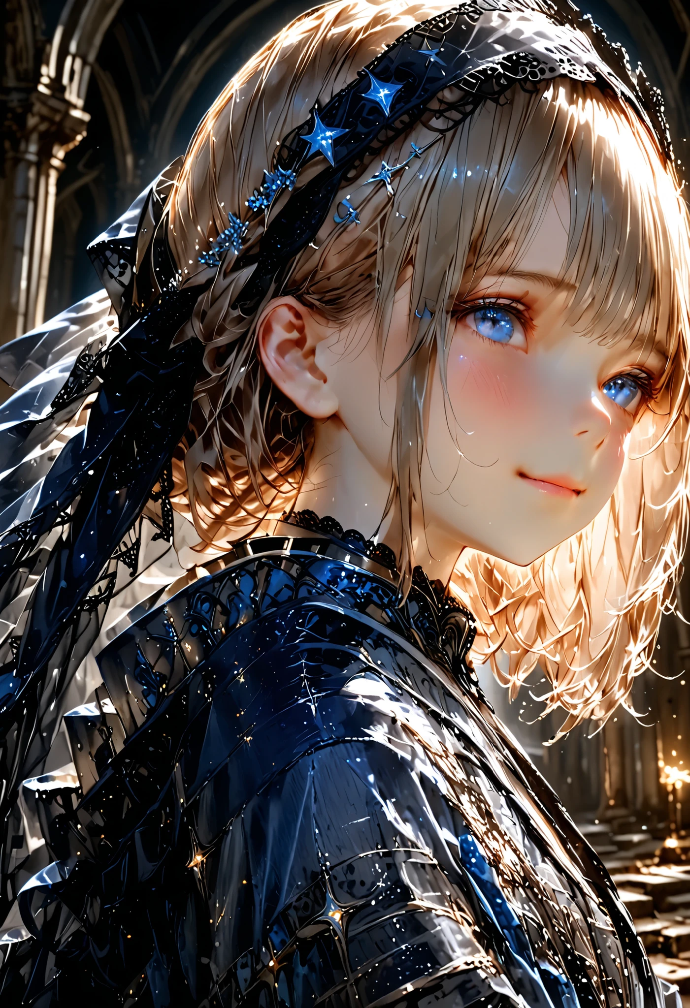 (((black veil on the head))),masterpiece,Highest Quality,Super Detailed,8k,upper body,The delicate expression of a beautiful girl,sad expression,((Her Enchanting Gray-Blue Eyes Are Shining Like Stars)),Bust Shot,Inside a Destroyed Church,Lonely,Quiet Eyes Shining in Backlight,exquisite hair texture,Wrinkle Details on Her Dress,Soft Light and Shadow Contrast,fantastic and delicate atmosphere,Realistic and Vivid Visuals, 16k Ultra High Definition ,Realistic Texture and Luster,portrait,Cinematic Lighting,Soft Focus Effects,Professional Photography Studio Finish,brown hair,unkempt hair,Short braided hair,Neat,slender beauty,correct posture,small breasted,beautiful legs,Brilliant Colors,beautiful eyes,A delicate smile,Textured Skin,Highest Quality,gentle and beautiful woman,anime style、