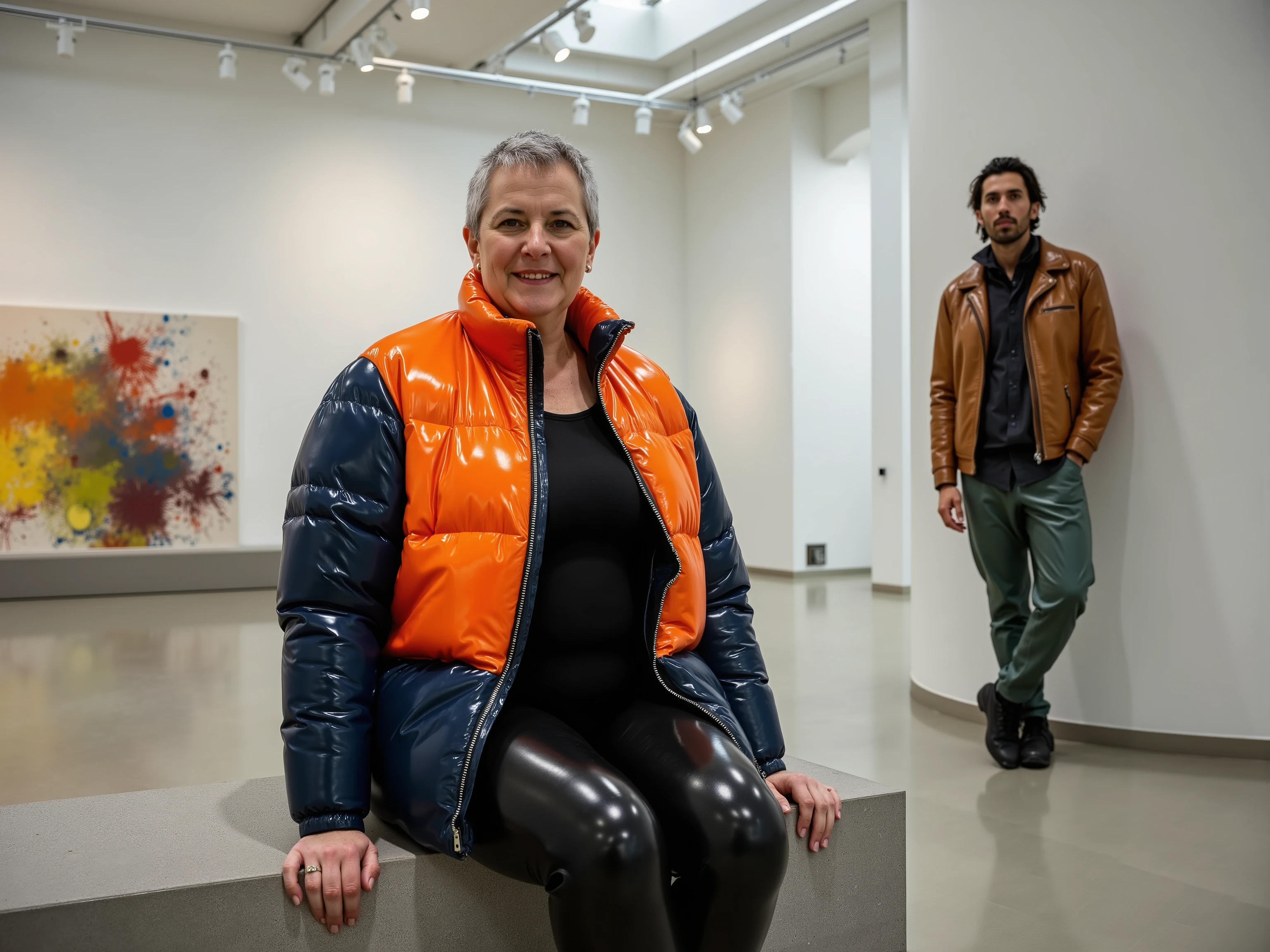a 60 year old large woman with short grey hair and deep smile lines, her body stout and powerful, dressed in a brilliant orange and midnight blue Colmar1260 puffer coat that has a high-gloss, almost liquid sheen, the jacket is unzipped revealing a simple black top, she wears form-fitting black PVC trousers, she is sitting on a polished concrete bench inside a vast, minimalist art gallery with soaring ceilings, a single large abstract painting with splashes of vibrant color hangs on the wall behind her, nearby, a slender 40 year old man with dreadlocks leans against a pillar, wearing a distressed brown leather jacket and sleek metallic green trousers, the atmosphere is contemplative with soft, focused spotlights