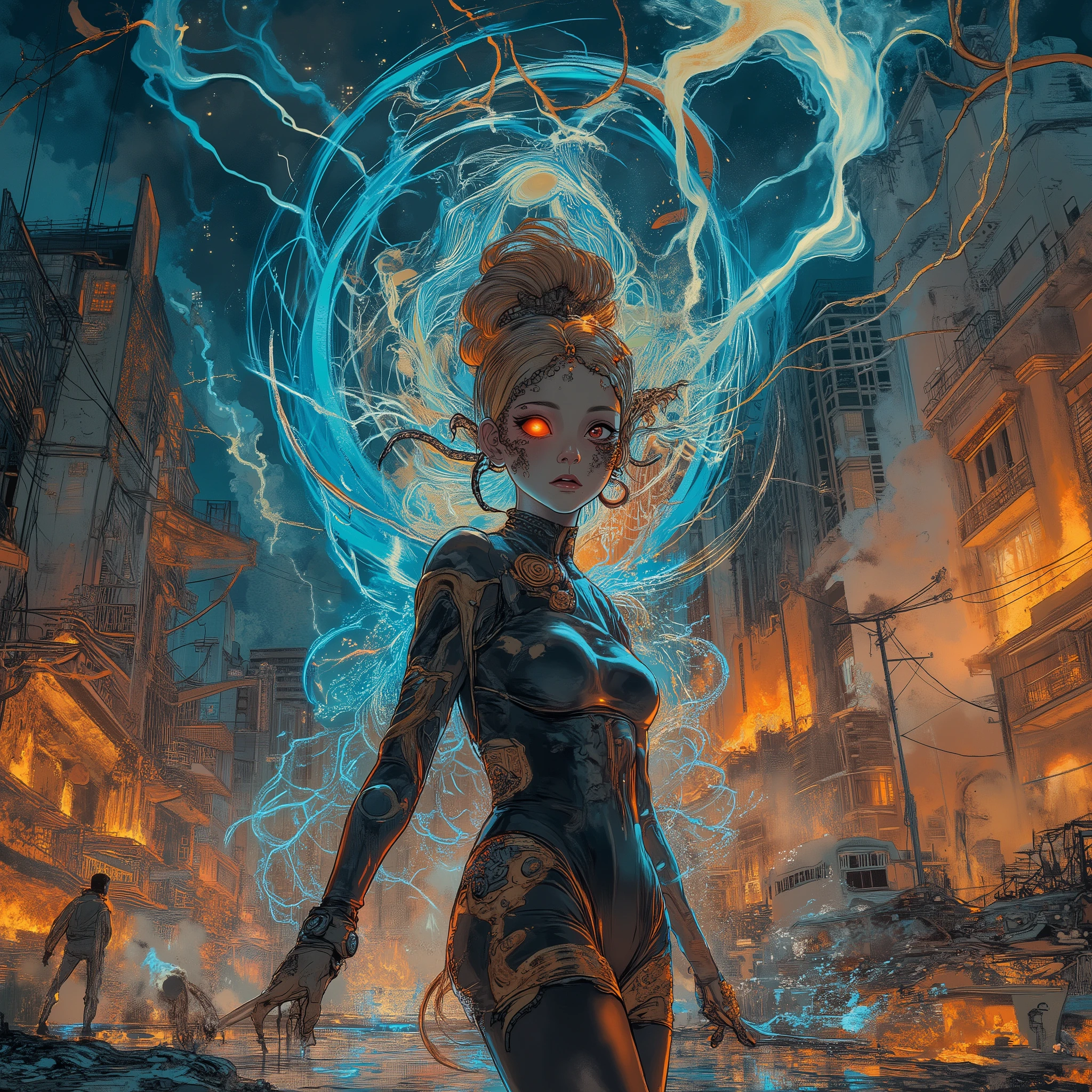 helen wells,aidmafluxpro1.1,Night View of Heavy Rain、A beautiful wizard girl is showing off her aura、Rainbow-colored traces of light swirl over and over again、Burning and Collapsing City、station、line、 Tram、the pretty girl's eyes glow red、Tentacles Destroying Buildings、A beautiful woman in a latex bodysuit appearing in a lightning bolt、Panic City、Reflecting Puddles、Movie horror 、Helen Wells