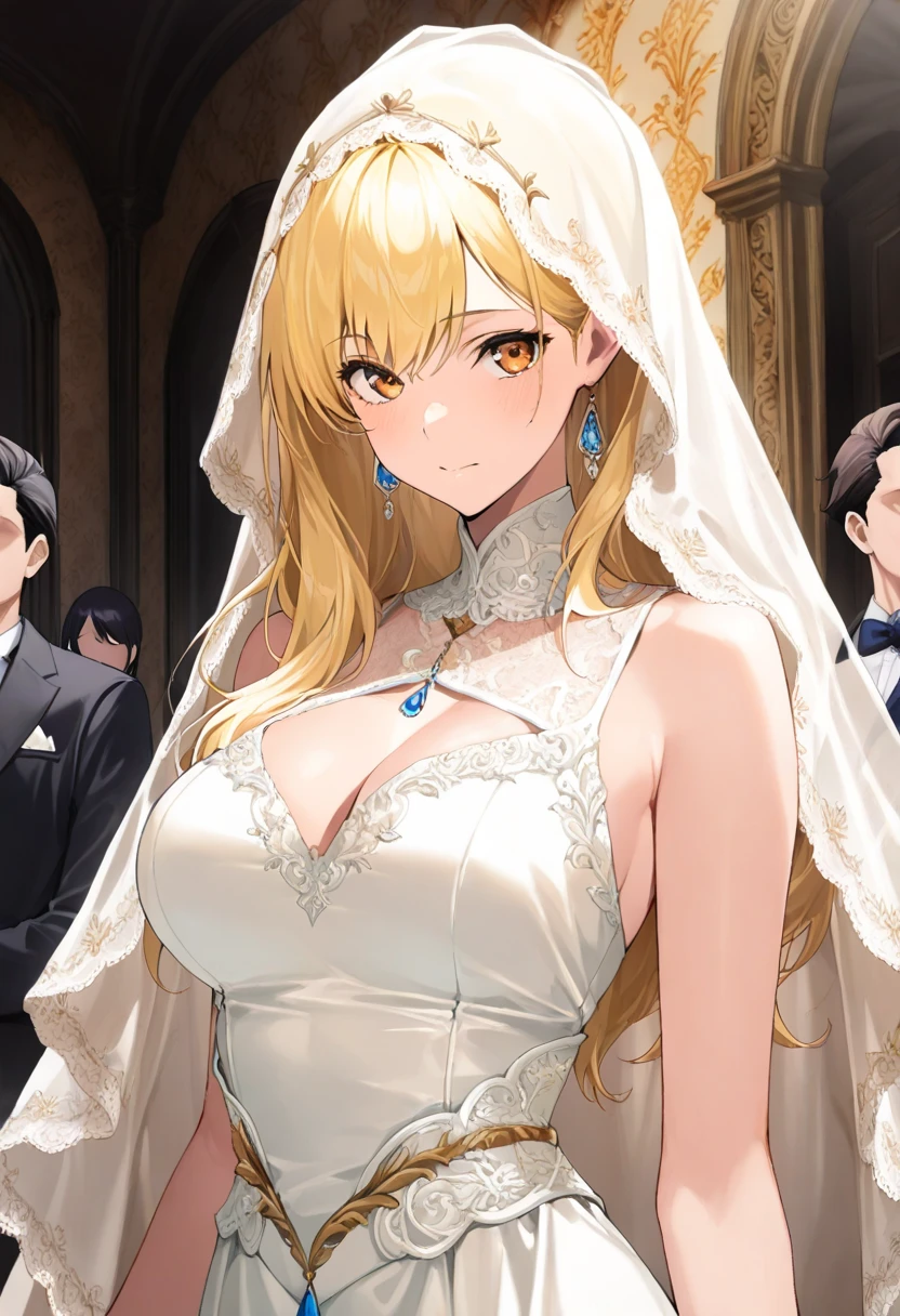 (masterpiece:1.3, Top quality, Ultra-high resolution, Super detailed), (Practical, photoPractical:1.4), Nice illustration, (Natural side light, Movie Lighting), Depth of Field,
Looking at the audience, Bust photo(Mature female , ?????????????,Sagging ???????、Cleavage, cleveage、Thick thighs, Wide ????, Curvy beauty, Perfect body), 1 girl, 16 years old, Perfect face, (Perfect anatomical structure), Cute and symmetrical face, baby face, Glowing skin, slim
(Long hair:1.8, Straight Hair:1.2, Silver Hair), Hair covering one eye, Purple Eyes, Pink lips, Eyelash extension, (?????????????:1.3), 
beautiful hair, Pretty Face, Beautiful and delicate eyes, Beautiful clavicle, Beautiful Body, Beautiful ???????, Beautiful thighs, Beautiful legs, Beautiful fingers, 
Detailed fabric texture, Wedding princess dress, Flower head, Headdress, (Strapless wedding dress:1.5), (Silk dress:1.2), (Strapless Wedding Dress:1.5), 
Plain white dress, necklace, earrings, cleveage, bouquet, (Lace gloves:1.2), (Wedding Veil:1.2), (Short transparent veil:1.2), 
(Beautiful scenery), night, crystal clear sunlight, (church, Multicolored Glass) walk, (a happy expression, blush), 