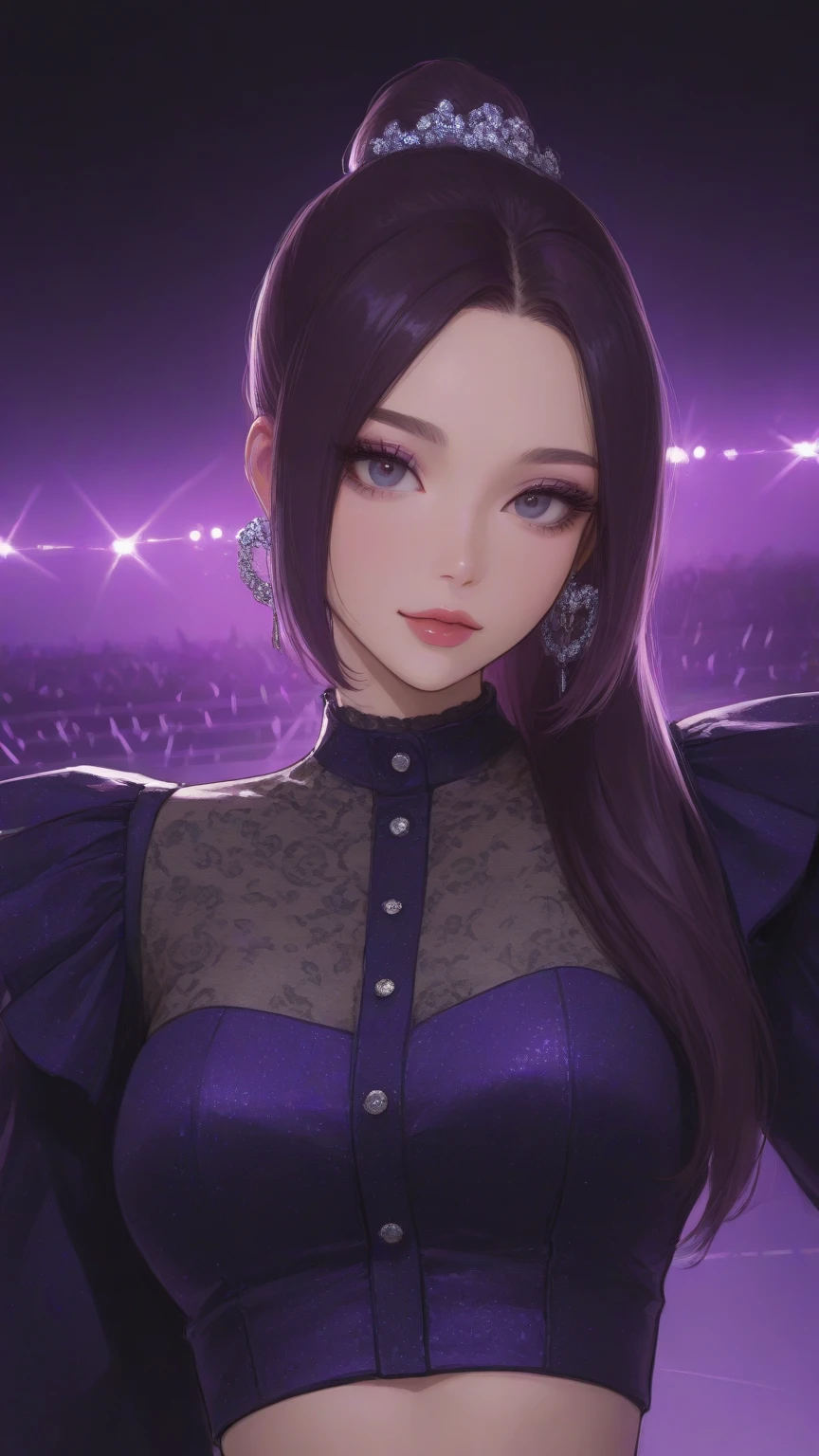 (ultra-detailed,photorealistic:1.2), HDR, professional, vivid colors, bokeh, 3D rendering,   girl, solo, purple hair,  face, big , sensual,  pose, soft lighting, lace , high heels, boudoir photography, glamorous, confident expression, alluring gaze