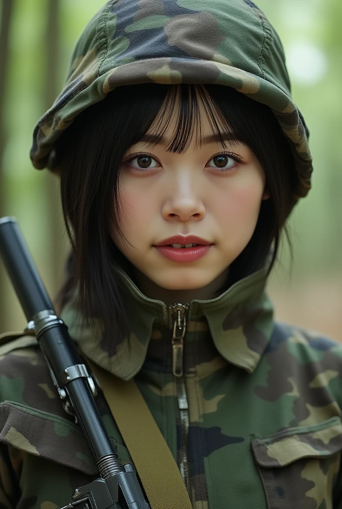 military outfits、Army uniform、army、guns、(in woods)、camouflage uniform、Have a gun