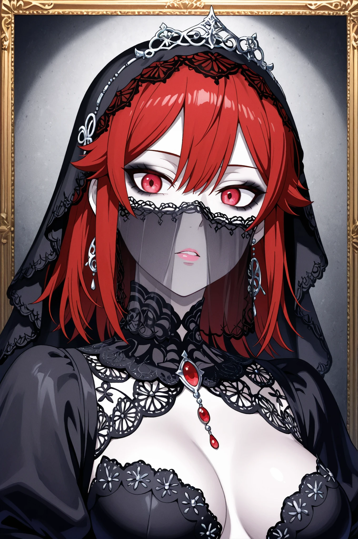 Tomo Aizawa , medium hair, red hair, medium breasts, earrings, pink lips , fire red eyes, muscle body, | A gothic close-up of a model’s face shrouded in an intricately embellished avant-garde veil. The veil is richly detailed with dark lace patterns, shimmering black sequins, and tiny, ornate metallic accents, creating a textured, almost armor-like effect. The limited color palette consists of deep black, muted silver, and subtle hints of blood-red. The model’s pale skin contrasts sharply with the dark veil, and their piercing eyes, framed by dramatic smoky makeup, are the focal point, exuding intensity and mystery. The background is a soft, diffused gray with hints of shadow, enhancing the moody, atmospheric quality. The lighting is low and directional, casting delicate highlights on the embellishments of the veil and creating a dramatic, gothic elegance.