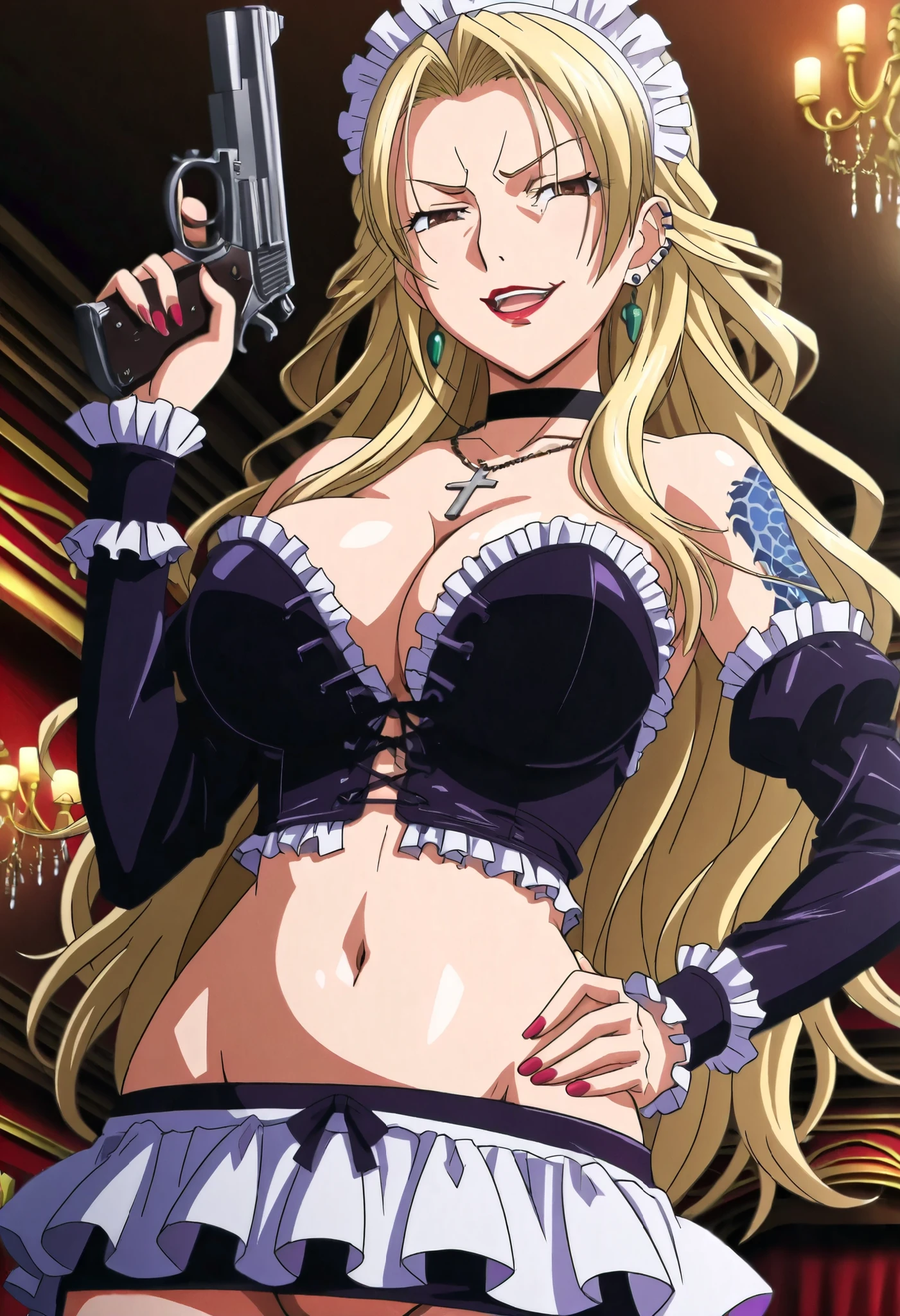 ((masterpiece)),(((best quality))),((ultra-detailed)),((illustration)),((disheveled hair))1 girl),(solo), Lihtel \( Samayou Midara na Lunatics\),blonde hair,brown eyes,(anime coloring , anime screencap:1.2),(,mature,sexy, dominatrix,Smirk,1girl, dark_fantasy_illustration, black choker, cross necklace, gothic, Evil Smile, Malicious Smile, lipstick, nail polish, ear piercing, long hair, , lipstick, Hot girl, baddie, smoking, sensual, attractive ,choker, ,cross necklace,jewelry, earrings, complex detailed background, casino environment, fancy interior environment,
rich interior, masterpiece, best quality, highly detailed, a girl in maid uniforms, holding pistol, maid
outfit, cleavage, evil smile, smile, open mouth ,official artwork, () , beautiful maid
girl, , micro skirt, exposed belly, exposed navel, exposed midriff, exposed lower belly, holding a gun,, medium , dragon tattoo on waist, narrowed eyes, tattoo on waist, anipai_style , anime screencap , anime coloring, v-shape eyebrows,,
