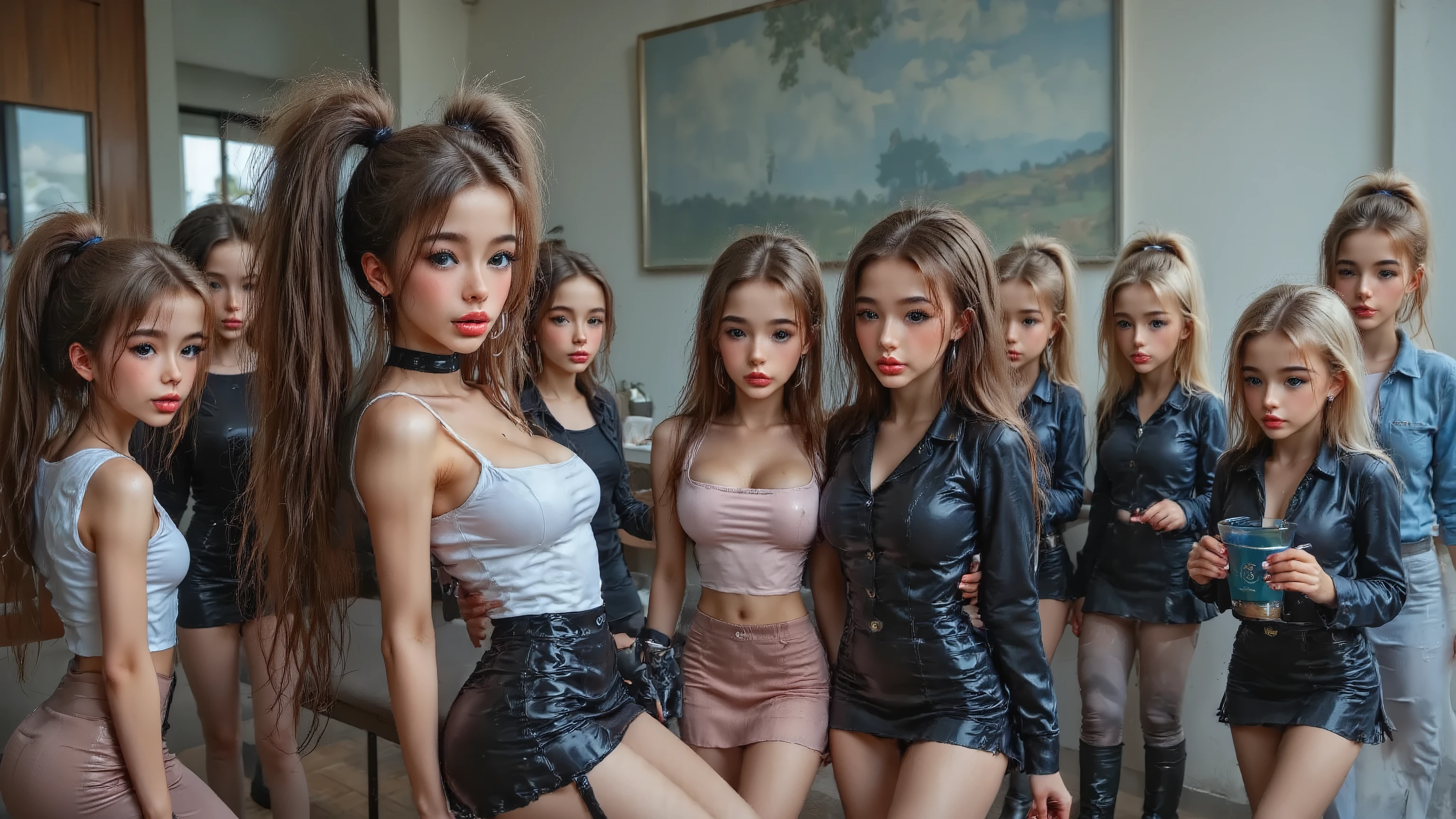 10-year-old small tiny very young prepubescent braidded thinspo asian thai girl (lolitas) + skinny asian thai girl + two very long braidded pony tail + Very long hair + hair reaching knee + huge thigh gap + plump lips + long pointing tits + big huge oversized breast + leather choker + tiny leather tube top + super tight leather shorts + overknee  high heels leather boots + showing face + having huge orgasm + strip club + children's public + child girl loocking at her with admiration wearing leather + little sister hugging wearing super tight leather mini skirt,  tiny leather tube top , leather choker, overknee high heels leather boots