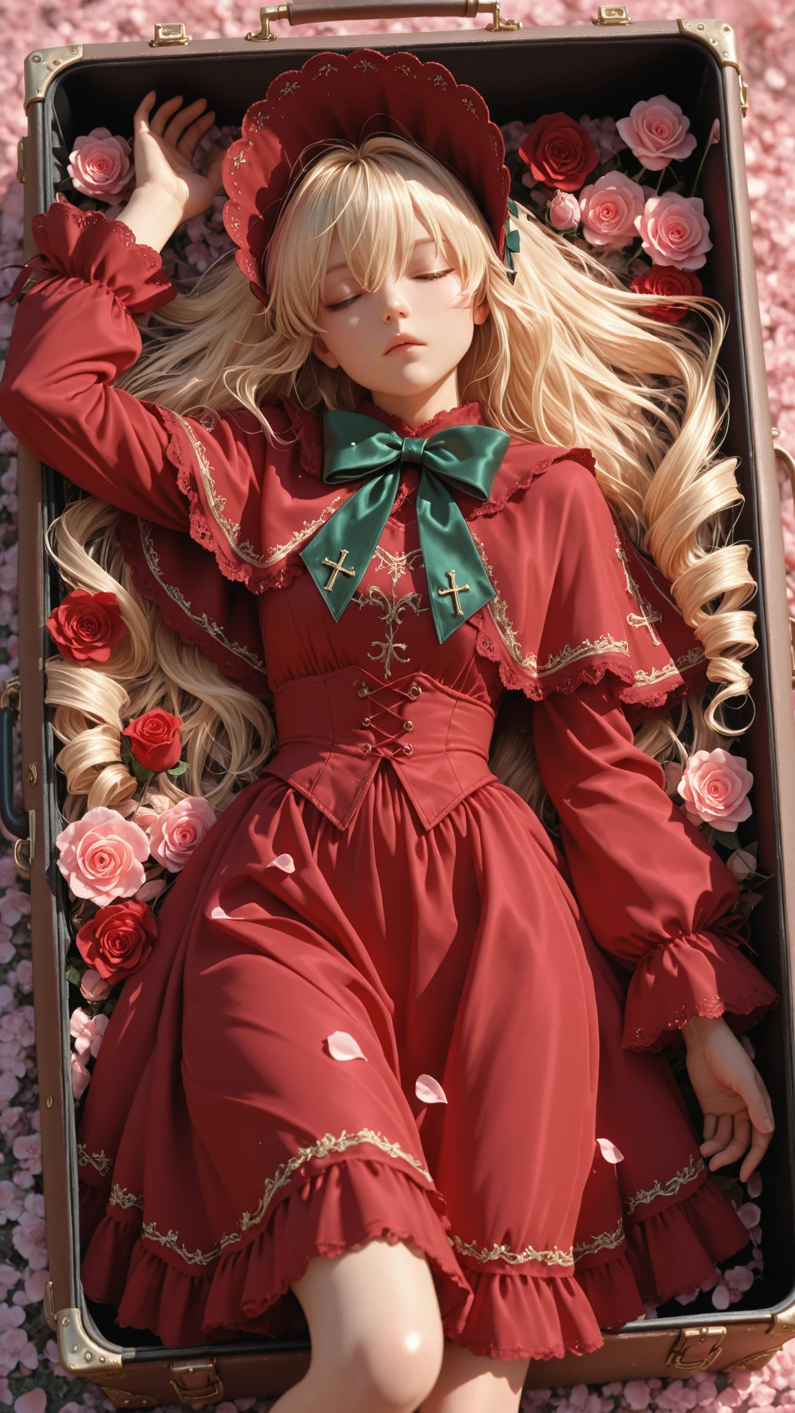 1girl,solo,girl sleeping in a suitcase, closed_eye, Pull, you, Bonnet, bow, bowtie, capelet, cross bang, dress, Dig up your hair, eye visible through hair, Floating hair, Flower, green bow, green bowtie, hair between eye, high resolution, long hair, petals, pink Flower, pink Rose, red capelet, red dress, red Flower, red headwear, red Rose, Rose, Rozen Maiden, twin drill, Blonde, very long hair,masterpiece , Highest Quality , high resolution , absurd , high resolution , depth of field , perfect face , beautiful faces , very details face , くっきりとした長いまつげのあるbeautiful faces , details_eye, (photorealistic, Doll Joint:1.2)