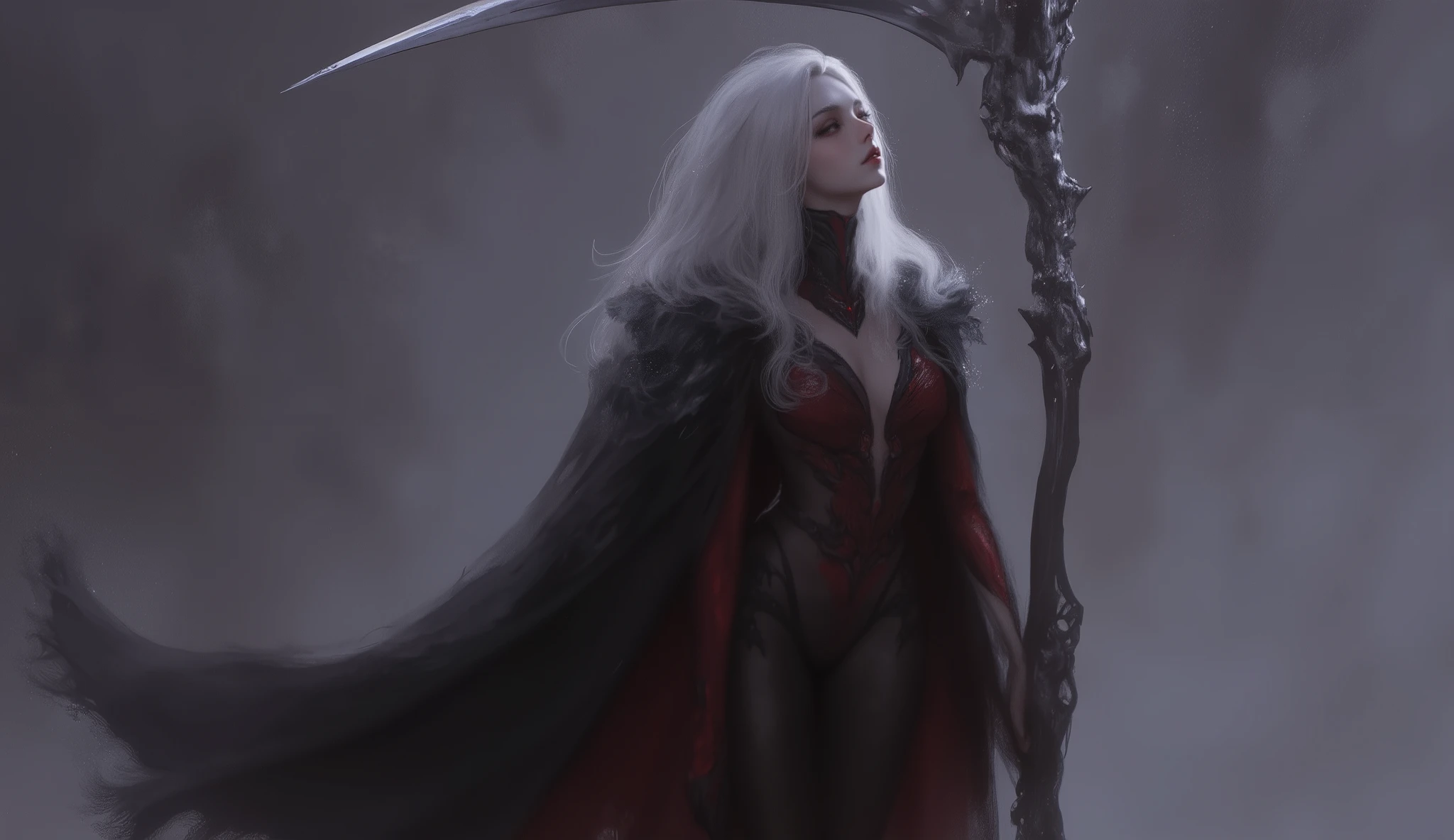 looking away, anime, 1girl , difficult 、 pose, full body, long legs, Asian Beauty , Perfect Style, perfect body, Drow is a female dark elf with unnaturally black skin, white long wavy hair, with red eyes, beautiful, In black clothes. Skinny. good lighting. waist-length image . Глаза не светятся
dark skin elf, less red clothing, detailed face. red eyes. reaper