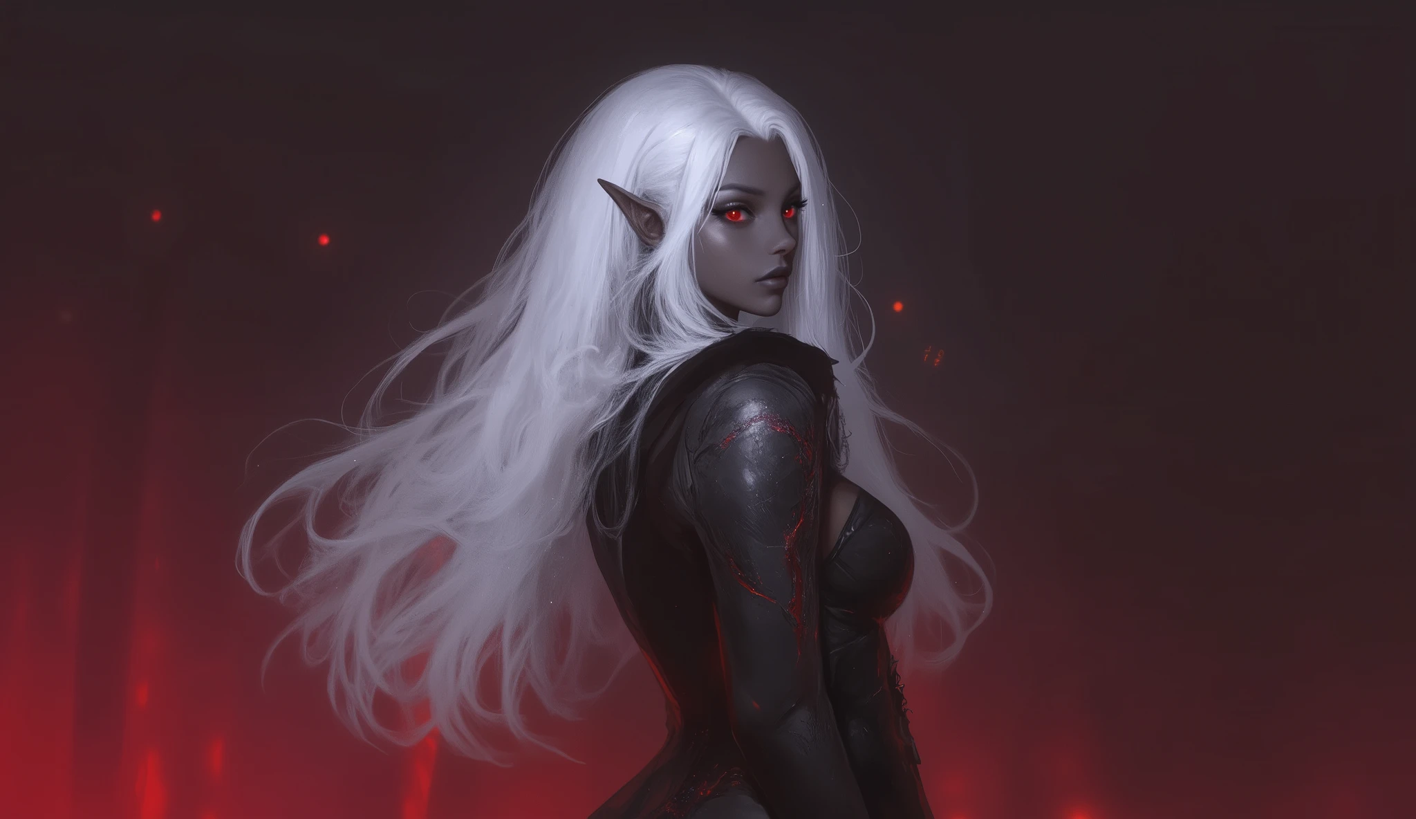looking away, anime, 1girl , difficult 、 pose, full body, long legs, Asian Beauty , Perfect Style, perfect body, Drow is a female dark elf with unnaturally black skin, white long wavy hair, with red eyes, beautiful, In black clothes. Skinny. good lighting. waist-length image . Глаза не светятся
dark skin elf, less red clothing, detailed face. red eyes. reaper
