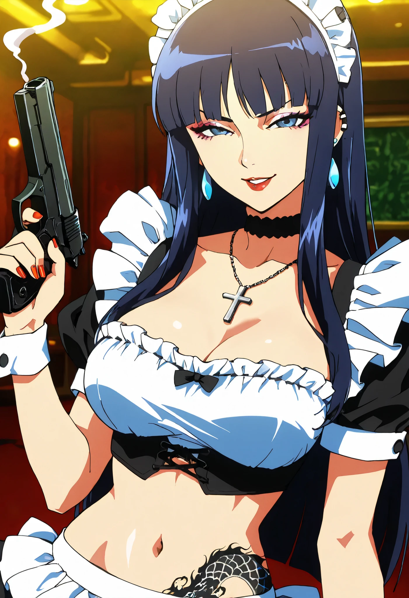 ,(1 girl),(solo), Hayama Reika \(Augmented Face\),Blue Eyes,dark haired,long hair at Boro-Yado,Queen,,1girl, Lashes, face, lips, makeup, Colorful Hair, parted lips, red lips, solo, straight hair, lipstick, nail polish, ear piercing, long hair, lipstick,Hot girl, baddie, smoking, sensual, attractive ,cross necklace, choker, jewelry, earrings, complex detailed background, casino environment, fancy interior environment,
rich interior, masterpiece, best quality, highly detailed, a girl in maid uniforms, holding pistol, maid
outfit, cleavage, evil smile, smile, open mouth ,official artwork, () , beautiful maid
girl, , micro skirt, exposed belly, exposed navel, exposed midriff, exposed lower belly, holding a gun, medium , dragon tattoo on waist, narrowed eyes, tattoo on waist, anipai_style , anime screencap , anime coloring, v-shape eyebrows,,