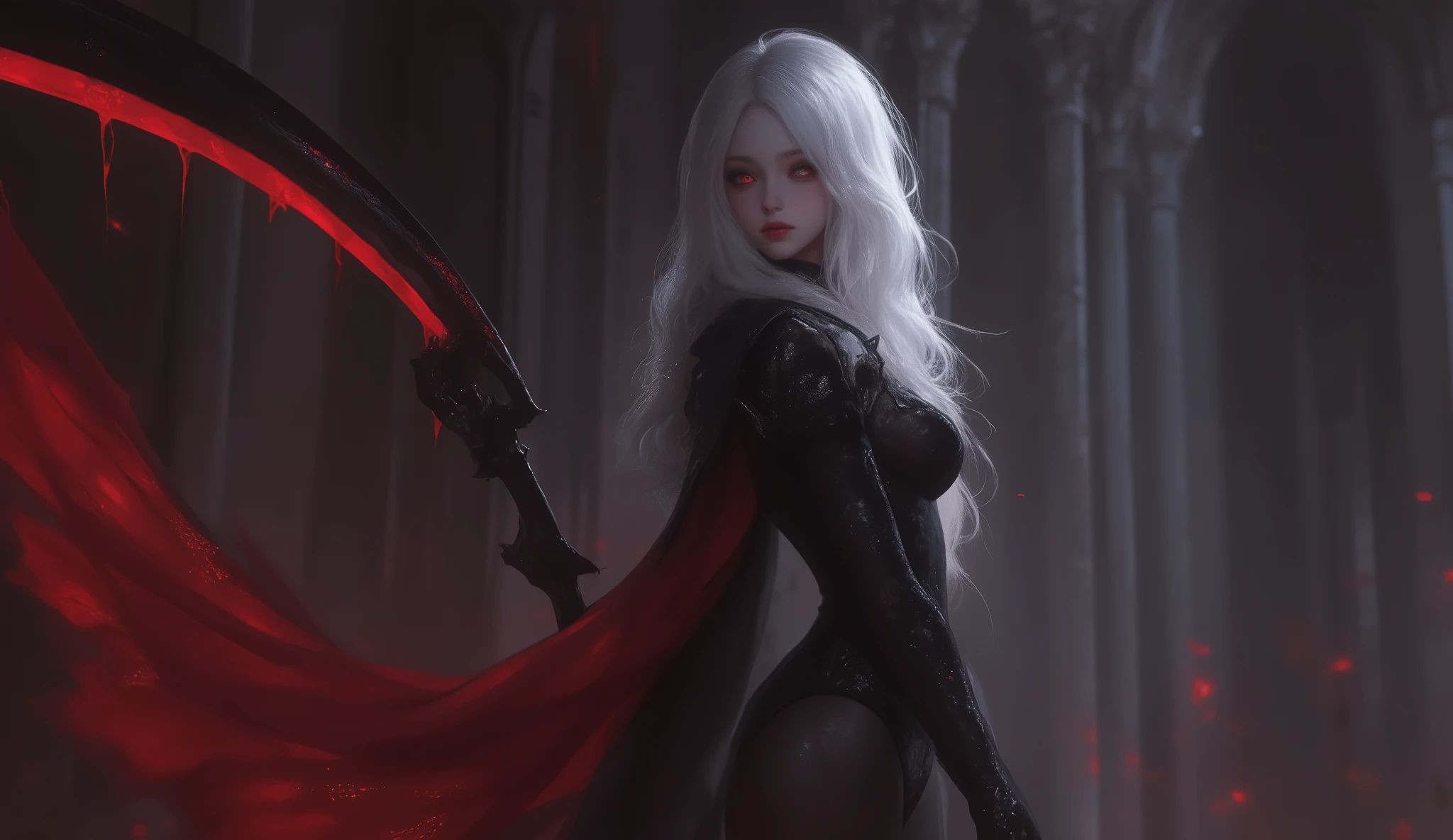 looking away, 1girl , difficult 、 pose, full body, long legs, Asian Beauty , Perfect Style, perfect body, Drow is a female dark elf with unnaturally black skin, white long wavy hair, with red eyes, beautiful, In black clothes. Skinny. good lighting. waist-length image . Глаза не светятся
dark skin elf, less red clothing, detailed face. red eyes. reaper, body, ruinen on background