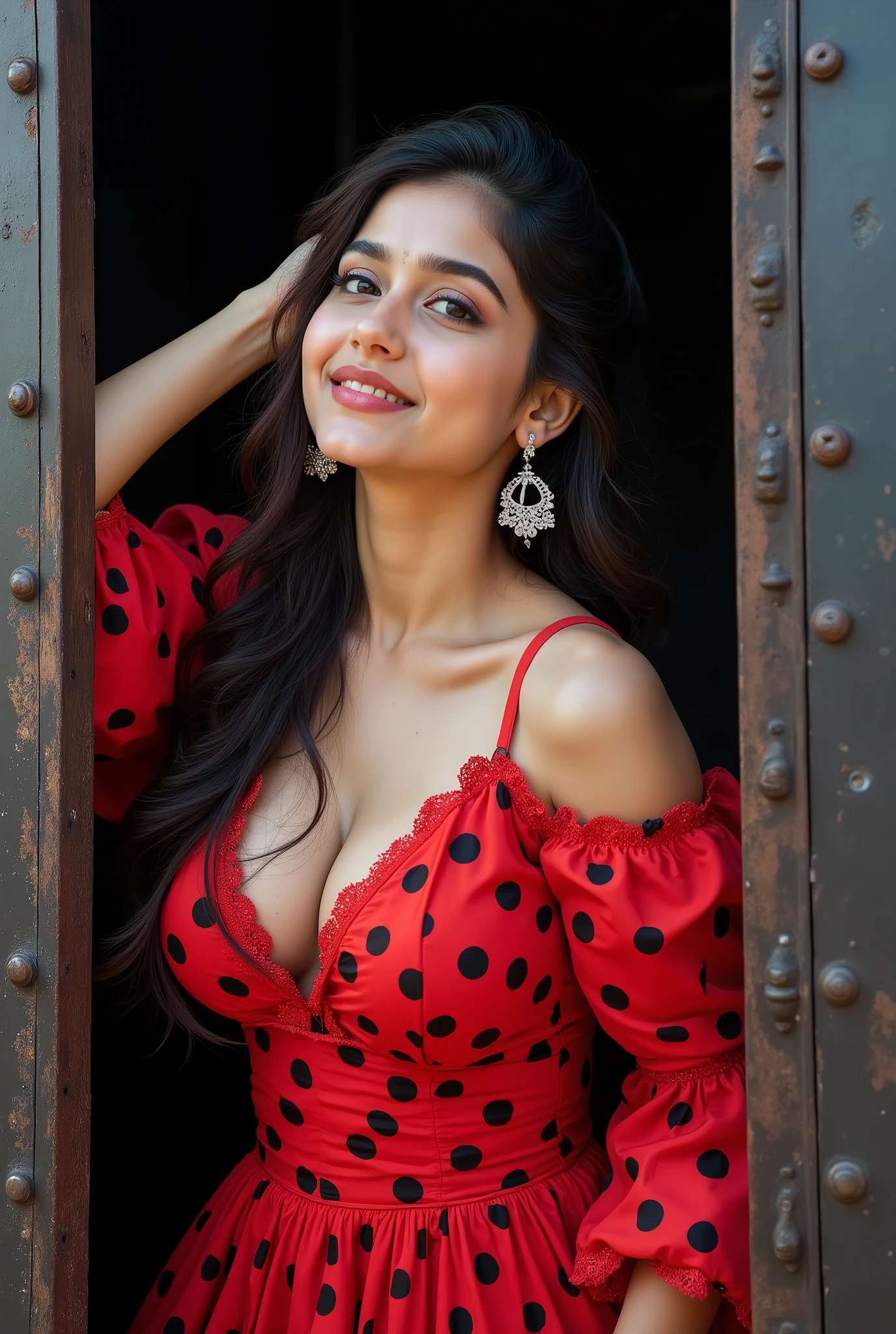 anaswarasdxl, Full body image of a 20 year old Indian girl with smiling look, fair skin tone, light grey eyes, fox eyelashes, thin eyebrows, black eye liner, silver eyeshadow, natural blush, and red lipstick. Her hairs are long, brown, wavy and stylish. She is wearing a voluminous red dress covered in large black polka dots. The dress features a dramatic deep V-neckline and large, ruffled, off-the-shoulder sleeves. Her accessories are large, elaborate dangle earrings adorned with rhinestones. She is leaning out of a dark doorway 80%, looking directly at the camera with an intense expression. Her right hand is raised, touching her head and weaving through her hair, adding to the dynamic movement of the pose. She is framed by the dark, weathered doorway of an old train carriage, which is visible on the right with its riveted, metallic exterior. The lighting is bright and warm, suggesting a sunny outdoor setting just outside the dark carriage. Photorealistic, ultra realistic, detailed skin, soft lighting, ultra-detailed textures, 8K resolution, masterpiece.