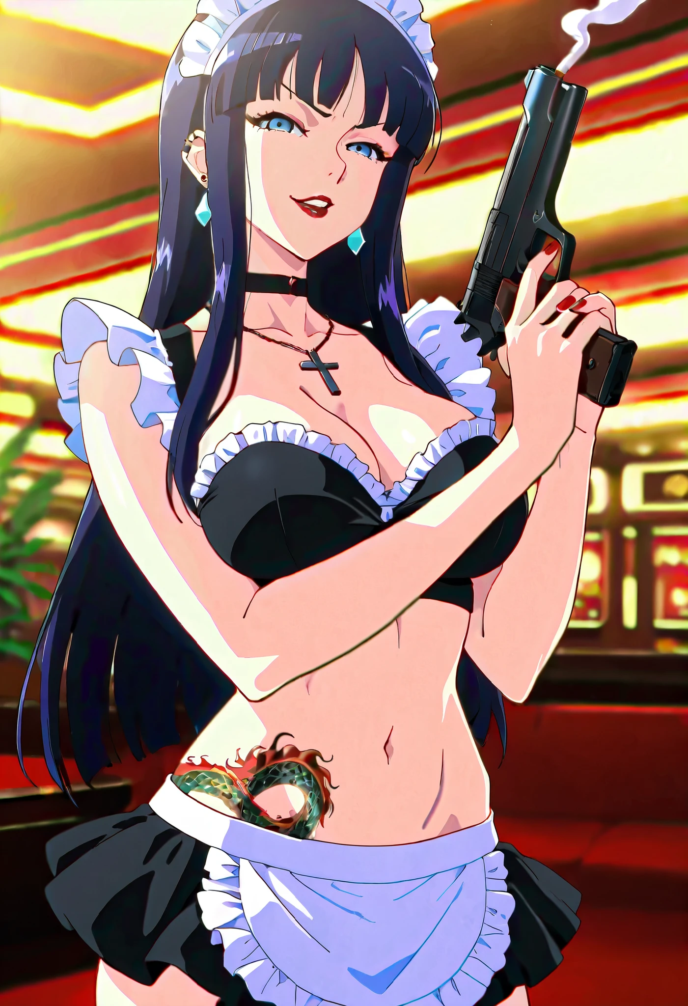 ,(1 girl),(solo), Hayama Reika \(Augmented Face\),Blue Eyes,dark haired,long hair at Boro-Yado,Queen,,1girl, Lashes, face, lips, makeup, Colorful Hair, parted lips, red lips, solo, straight hair, lipstick, nail polish, ear piercing, long hair, lipstick,Hot girl, baddie, smoking, sensual, attractive ,cross necklace, choker,  jewelry, earrings, complex detailed background, casino environment, fancy interior environment,
rich interior, masterpiece, best quality, highly detailed, a girl in maid uniforms, holding pistol, maid
outfit, cleavage, evil smile, smile, open mouth ,official artwork, () , beautiful maid
girl, , micro skirt, exposed belly, exposed navel, exposed midriff, exposed lower belly, holding a gun, medium , dragon tattoo on waist, narrowed eyes, tattoo on waist, anipai_style , anime screencap , anime coloring, v-shape eyebrows,,