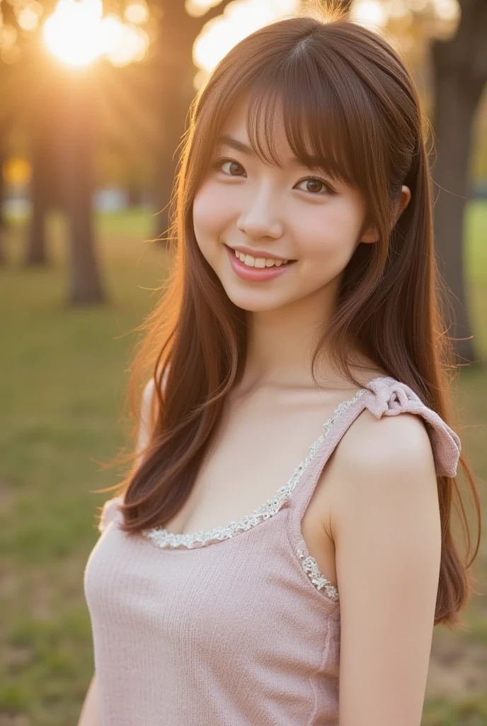 8K, Ultra-high resolution, Highest quality, masterpiece, 三分割法によるphotograph,Surreal, photograph, 1 girl, (16 years old:1.3), pretty girl, Cute face, Beautiful eyes in every detail, 細かくdetailedに,masterpiece,, One Girl:1.2, Japan Female Announcer,whole body,Young Wife,Girl with her back to the camera, Blue atmosphere dusk, Field, forest、Full of cleanliness,A carefree smile,Healing the heart,Semi-long layered hair,Looking at the audience、beauty,Long neck、Laugh a little、Please close your mouth and laugh、(((Ideal body type))),A-cup small  :2,、Portraiture:2、Perfect 、鮮明なdetailed、detailed、Surreal、Light and shadow,Strong light