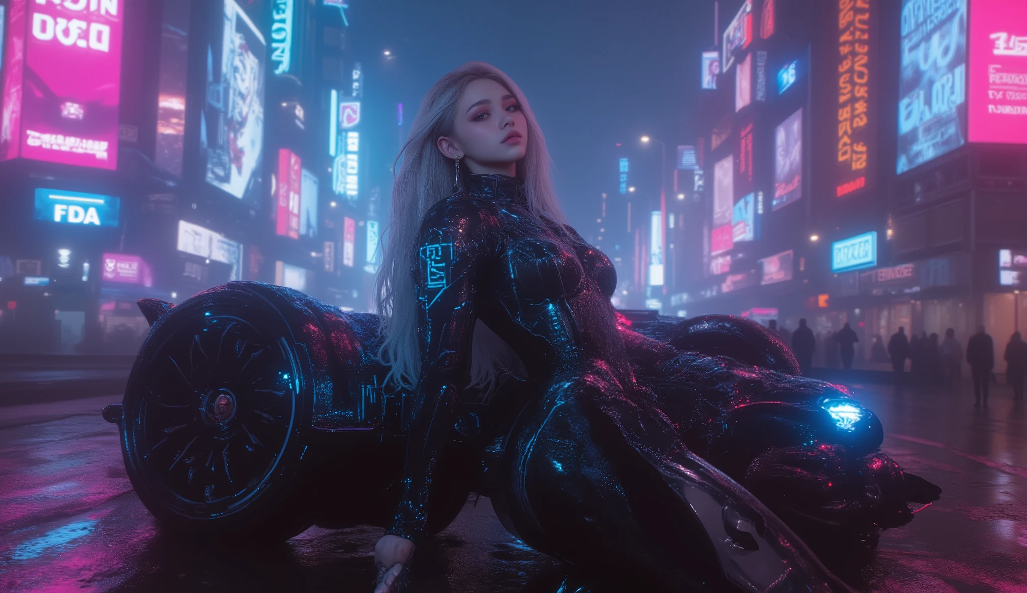 
(Masterpiece), (best quality), ultra-detailed, photorealistic, 8K resolution, cinematic daylight and neon atmosphere

A full-body hyperrealistic cyberpunk portrait of a stunning young gothic woman in a sleek black latex , standing in a dramatic pose beneath glowing neon billboards. She leans casually against a futuristic armored hovercar in the heart of a rain-soaked megacity at night.

Her right arm is a fully articulated chrome cybernetic limb, with glowing data lines pulsing through transparent panels. Long, silky platinum hair with neon streaks flows slightly in the wind, framing a flawless face with icy-blue eyes and a confident smirk. Her outfit gleams under the reflections of the wet streets, accentuating her athletic feminine form.

Behind her, towering skyscrapers fade into mist, filled with holographic ads, flying cars, and shifting pink, cyan, and violet neon light. The hovercar’s surface is covered in luminous circuit patterns and kinetic armor plating, softly glowing with power. A faint holographic HUD projects from her cyber-arm, casting a cyan glow across her face.

The atmosphere is cinematic and moody: heavy rain, reflective puddles, drifting steam, shimmering neon shadows. Hyperdetailed textures, atmospheric depth of field, bokeh effects, perfect , trending on ArtStation, Unreal Engine rendering, ultra photorealistic cyberpunk concept art.