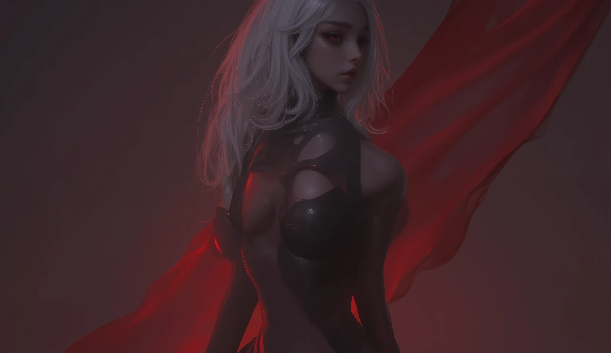 looking away,  1girl , difficult 、  pose, full body, long legs, Asian Beauty , Perfect Style, perfect body,  Drow is a female dark elf with unnaturally black skin, white long wavy hair, with red eyes, beautiful, In black clothes.  Skinny. good lighting.  waist-length image . Глаза не светятся
dark skin elf, less red clothing, detailed face. red eyes. reaper,  body, (ruinen on background)