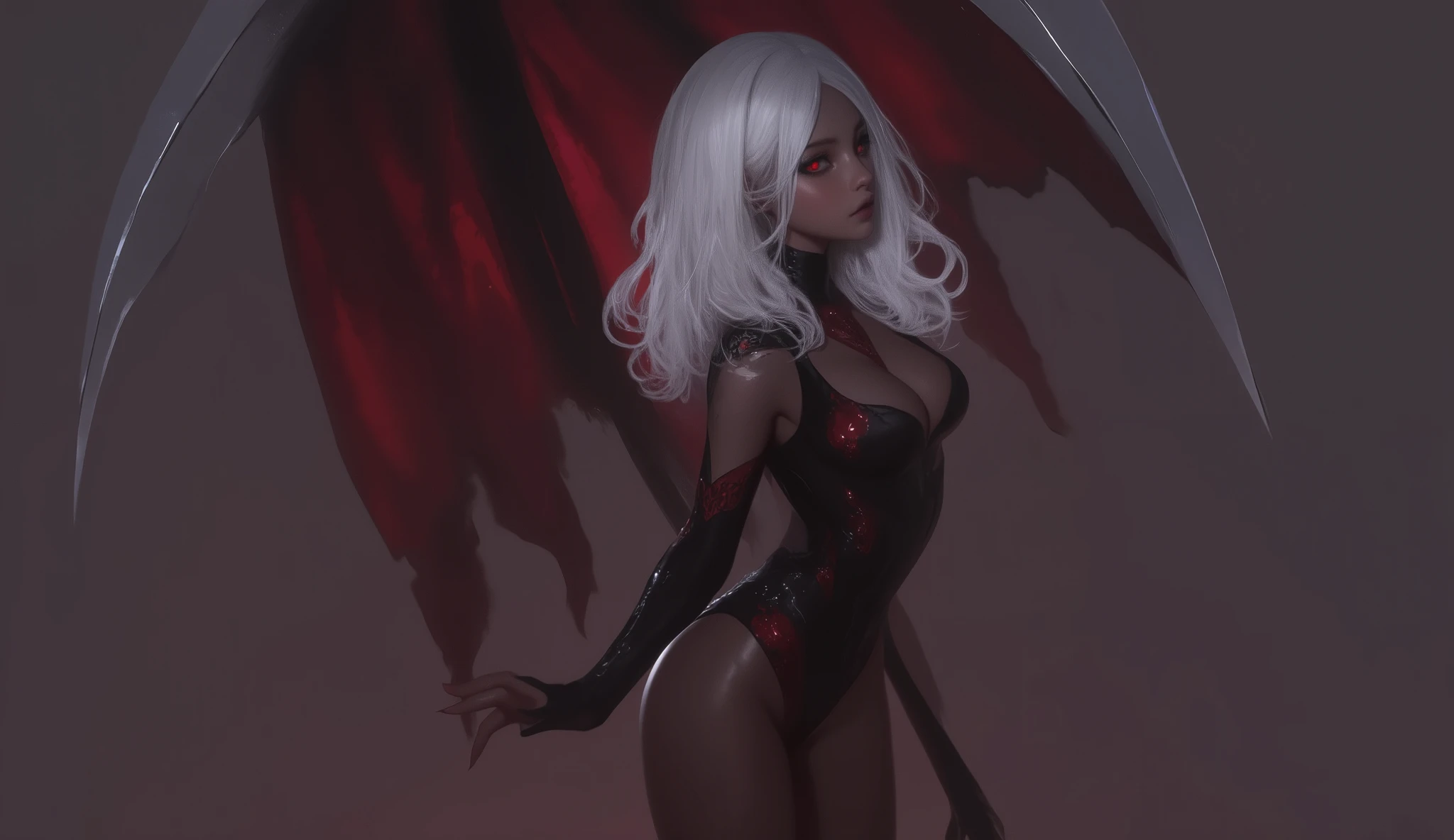 looking away, 1girl , difficult 、 pose, full body, long legs, Asian Beauty , Perfect Style, perfect body, Drow is a female dark elf with unnaturally black skin, white long wavy hair, with red eyes, beautiful, In black clothes. Skinny. good lighting. waist-length image . Глаза не светятся
dark skin elf, less red clothing, detailed face. red eyes. reaper, body, ruinen on background