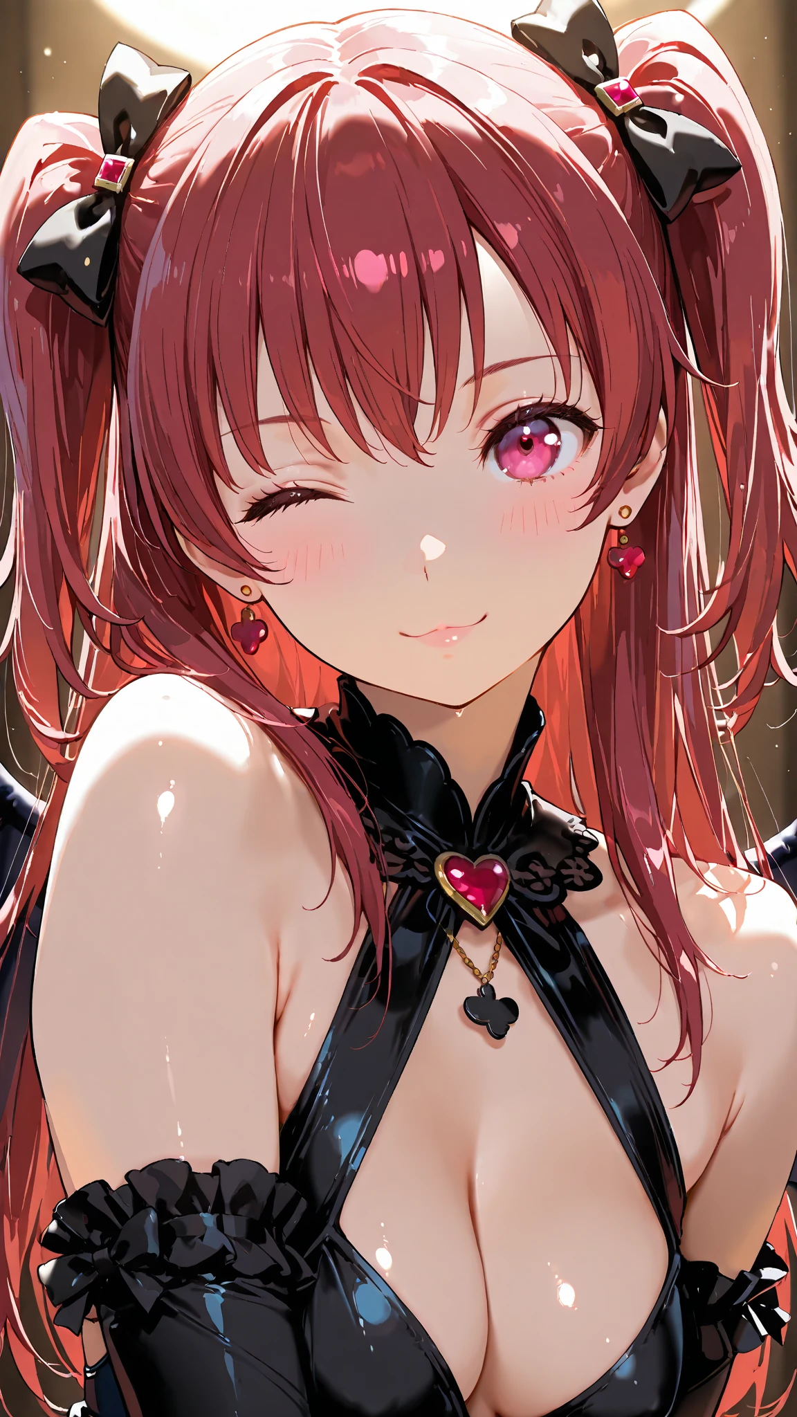 (( barbie red emerald hair color)), pink eyes,???? woman, cat ears, hearts, floating hearts, face only,  long hair, smiling, hair ornament, up close face, closed mouth smile, up closeface, hair bows, ???? body 