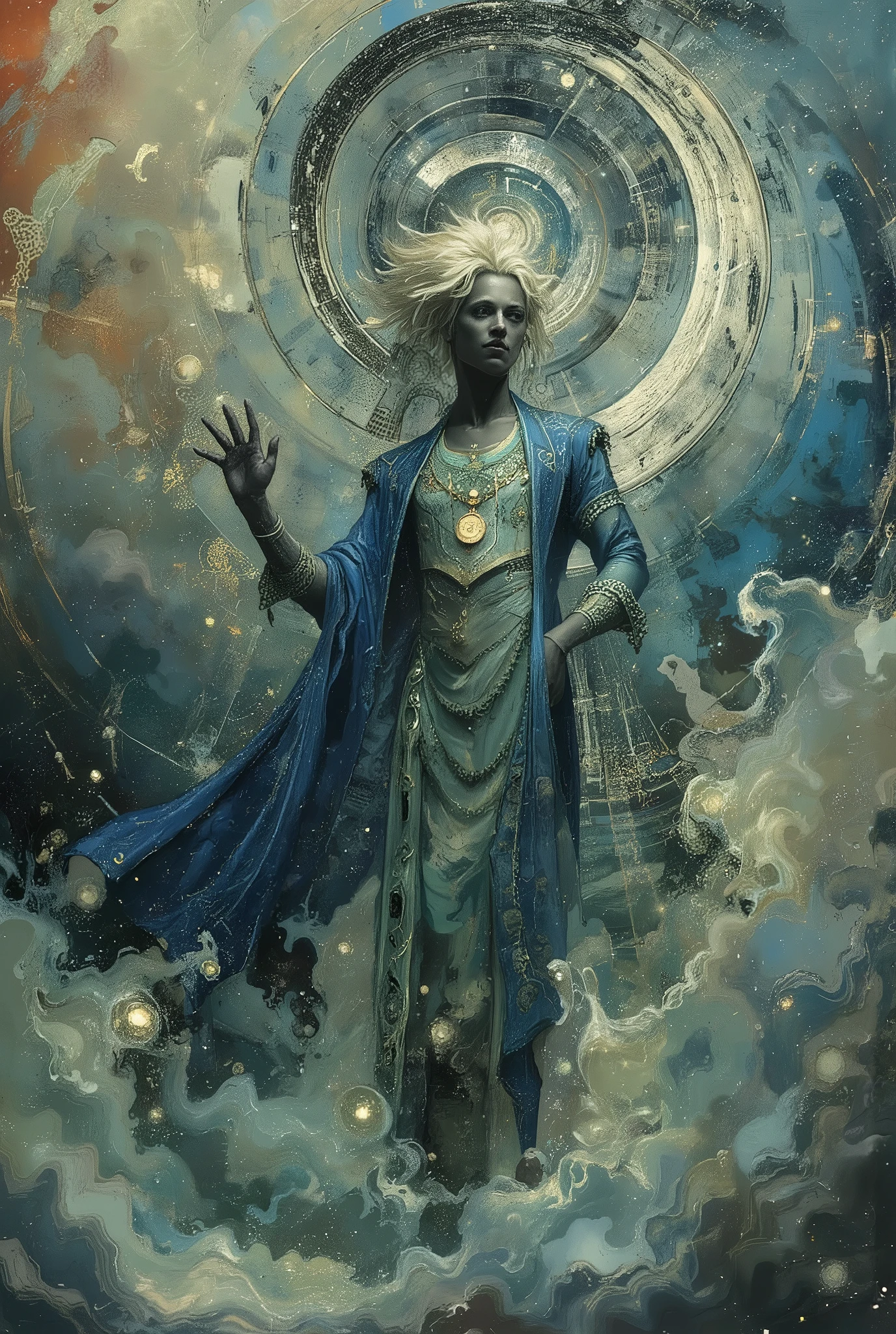 Inspired by the world of Michael Whelan, Keith Parkinson, the Gothic fantasy of Gerald Brom, and Dave Mckean. And Italo Calvino's invisible Cities.  He is handsome, animated, mercurial, witty and a mad genius with the manners of an aristocrat. Age varying from 25 to 40 depending. A being of majesty and presence. Right now we see a brooding, aquiline faced white haired Demiurge with dark silver skin like polished labradorite, a dark silver with flashes of blue, green, yellow, and other colors manifest from inside this radiant being of focused, living, energy. Sorceror-king of an Infinite Empire, he is adorned in many different types of clothes depending on his moods and his fancy, but style matters. He wears darkly elegant suits with vivid ties and old style robes and fedoras and Renaissance coats, he wears stylish wonders and ancient kaftans and uniforms from 17,the century Austria. Hair is usually wild and short but somehow styled. Body is muscled, slender and wiry. He is attractive to everyone so he is Beautiful and seraphic like an Archangel, even when it's Lucifer.  The Magister stands amidst a nexus of swirling galaxies. His eyes, twin supernovas, gaze knowingly upon the vast expanse of creation. With a gesture, orchestrates the celestial ballet, weaving nebulae into tapestries of cosmic wonder, all under his command. Inspired by the cosmic artistry of Android Jones, the futuristic visions of Ash Thorp, and the ethereal landscapes of Simon Stalenhag, rendered in 8k resolution with holographic astral cosmic illustration techniques, and a touch of Pablo Amaringo's visionary style.