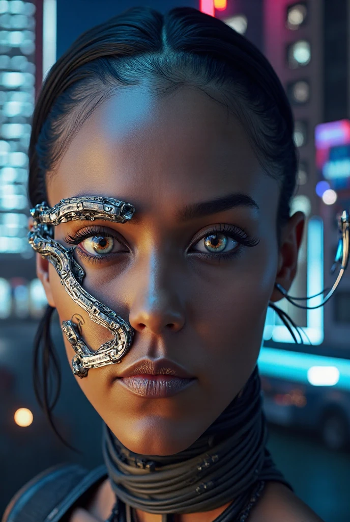 a woman with cybernetic skin that looks like cheetah fur,hair like cheetah fur,  cowboy shot, cyberpunk, sci-fi, detailed face and eyes, detailed skin texture, intricate machinery, glowing cybernetic implants, daylight, neon city background, dramatic camera angle, highly detailed, 8k, photorealistic