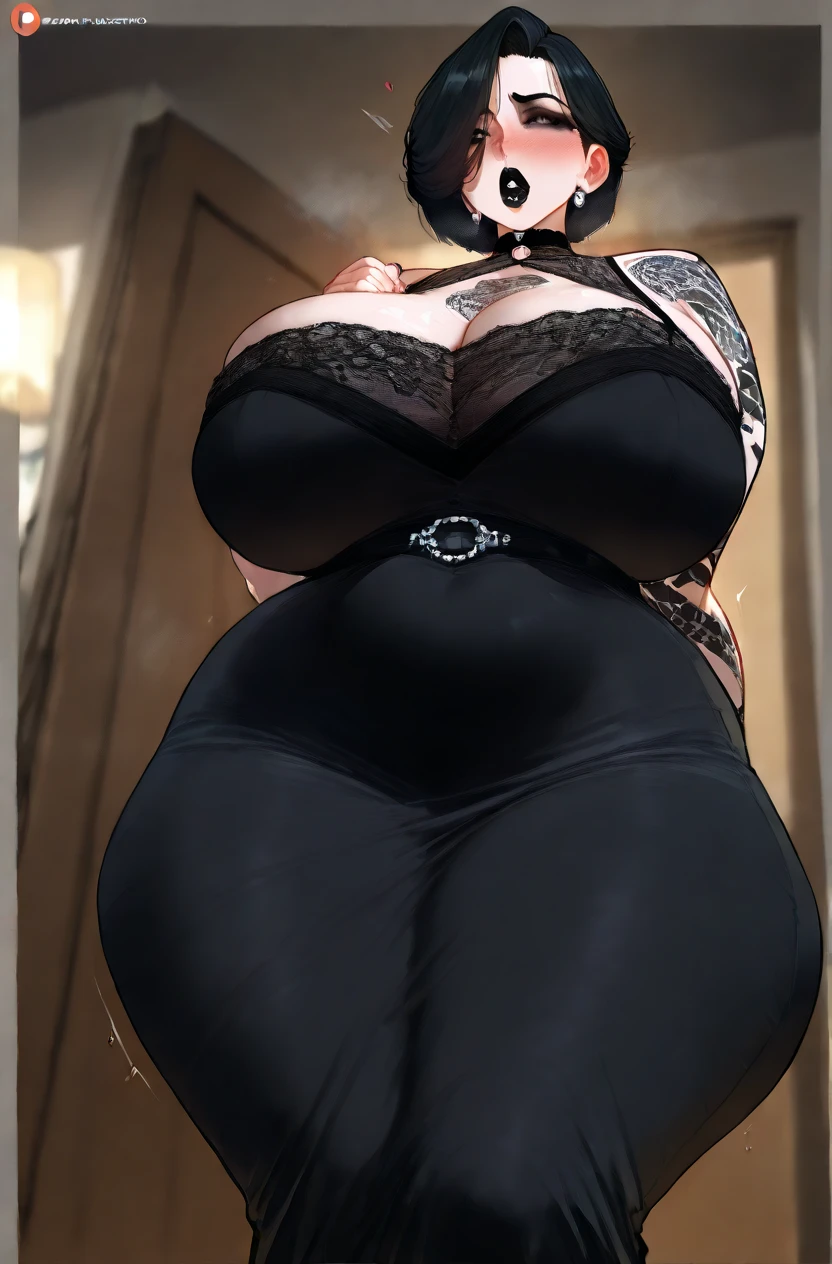 ((masterpiece)), ((photorealistic)), ((8k wallpaper)), ((best quality)), (perfect quality), solo, girl, Yorha 2b, short white hair, pose: ( shy pose, arm on waist,  pose), face: ( (very beautiful face), (perfect face), blindfold, makeup, young, (plump cheeks), plump face, round face, red lips), figure: (very full body, , (very thick), ( curves), (very curvy), (a bit chubby), (a bit chubby belly), (chubby belly bottom), (belly bulge), wide waist, (big deep navel), thick thighs), clothes: (tight black lingerie, blindfold, fishnet)