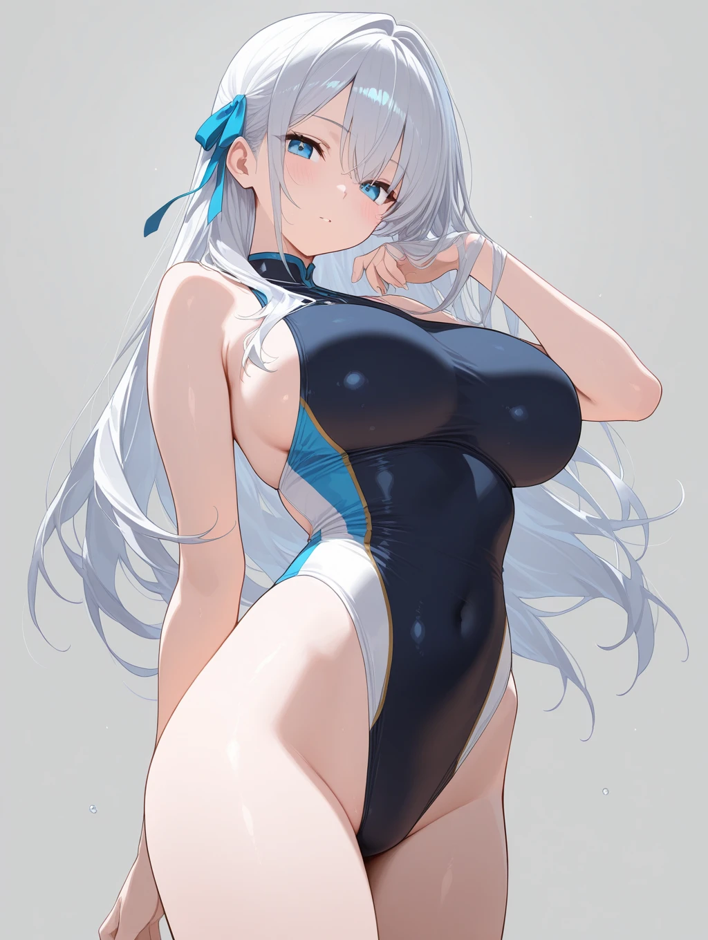 1girl, arm_behind_head, arm_up, armpits, arms_up, , blue_eyes, blush, bow, dress, fingernails, grey_background, large_breasts, long_hair, looking_at_viewer, on_bed, one-piece_swimsuit, red_eyes, simple_background, solo, swimsuit, upper_body, virtual_youtuber <lora:armpits:0.5> <lora:angel&demon_v5:0.5>