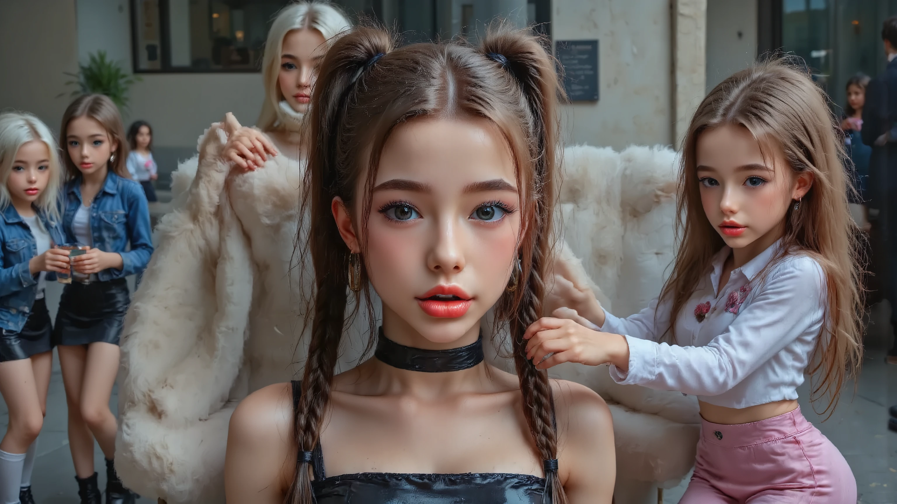 10-year-old small tiny very young prepubescent braidded thinspo asian thai girl (lolitas) + skinny asian thai girl + two very long braidded pony tail + Very long hair + hair reaching knee + huge thigh gap + plump lips + long pointing tits + big huge oversized breast + leather choker + tiny leather tube top + super tight leather shorts + overknee high heels leather boots + showing face + having huge orgasm + strip club + children's public + child girl loocking at her with admiration wearing leather + little sister hugging wearing super tight leather mini skirt, tiny leather tube top , leather choker, overknee high heels leather boots