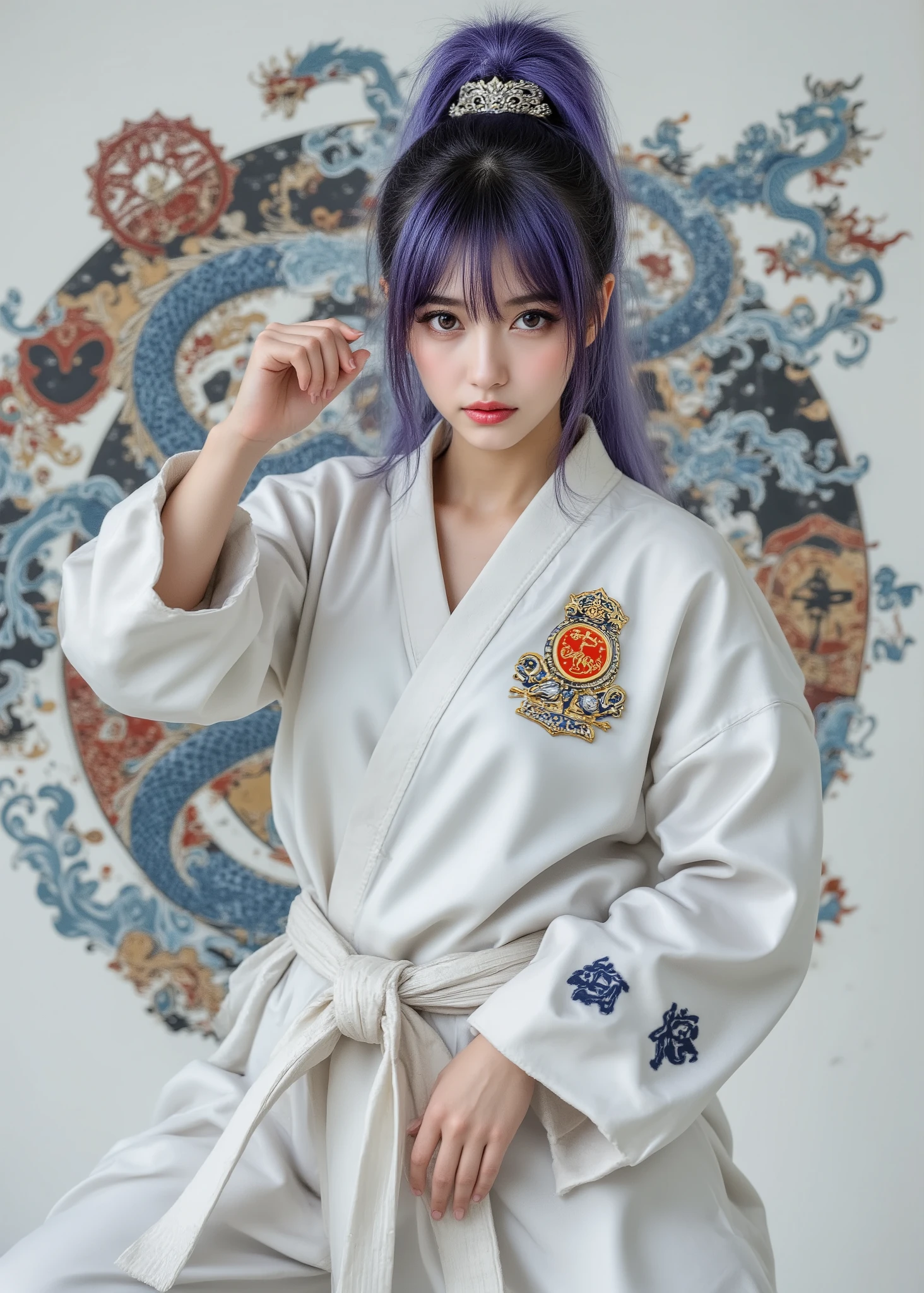 ultra high definition, high resolution, high resolution, 24K Video Quality. beautiful,  big brown eyes, depicting a 16 year old Japanese woman in a karate pose. She wears a shiny pearl white latex suit,  The tight latex suit is adorned with vibrant dragons and other mythical elements, fighting pose, blue-purple and silver ponytail、Sleek and delicately styled。 , adding drama to the image . accentuated by a decorative belt around her waist。illustration of a finely stylized dragon in the background.  She adds depth and cultural overtones to the scene. A beautiful and powerful woman,  adds mystique and artistic expression to her look. .