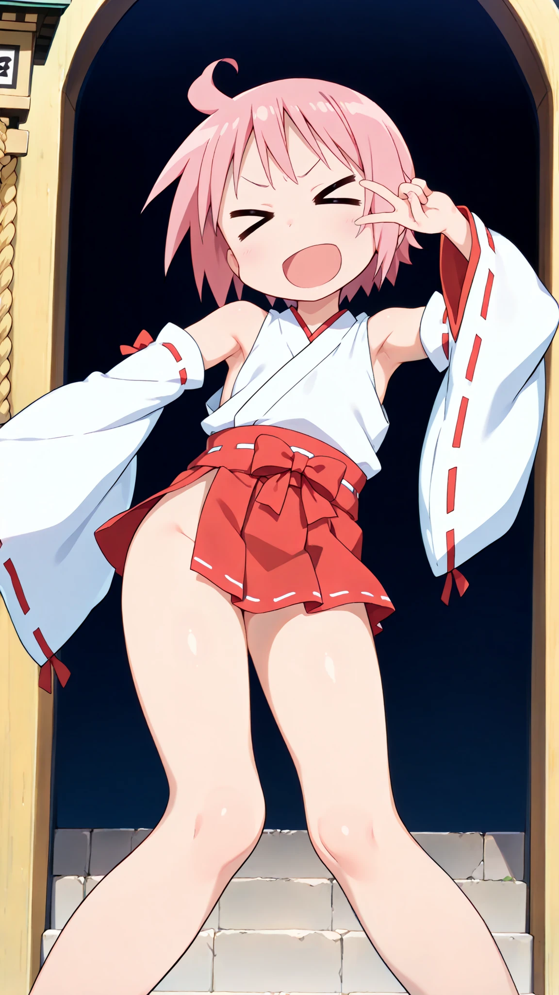 nonohara yuzuko, pink hair, short hair, ahoge,,bangs,nsfw,((anime style)),score_9, score_8_up, score_7_up, source_anime,,1girl, ((miko)),  (((((mini slit red skirt))))),, Exposed thighs ,Obi knot, (flat chest) , ((side boob)) , (No panties) ,  ,(Sleeveless white clothes),((exposed shoulders)) ,((detached white sleeves)),(ribbon-trimmed sleeves),(Shrine grounds),v-shaped eyebrows,cute pose,(presenting armpit), (((low angle))),outstretched arm,((contrapposto)),((knees together feet apart)),(v over eye)
,glimpse of her thighs,cute,detailed face , front shot , ((full bady)),(((((> <))))),
