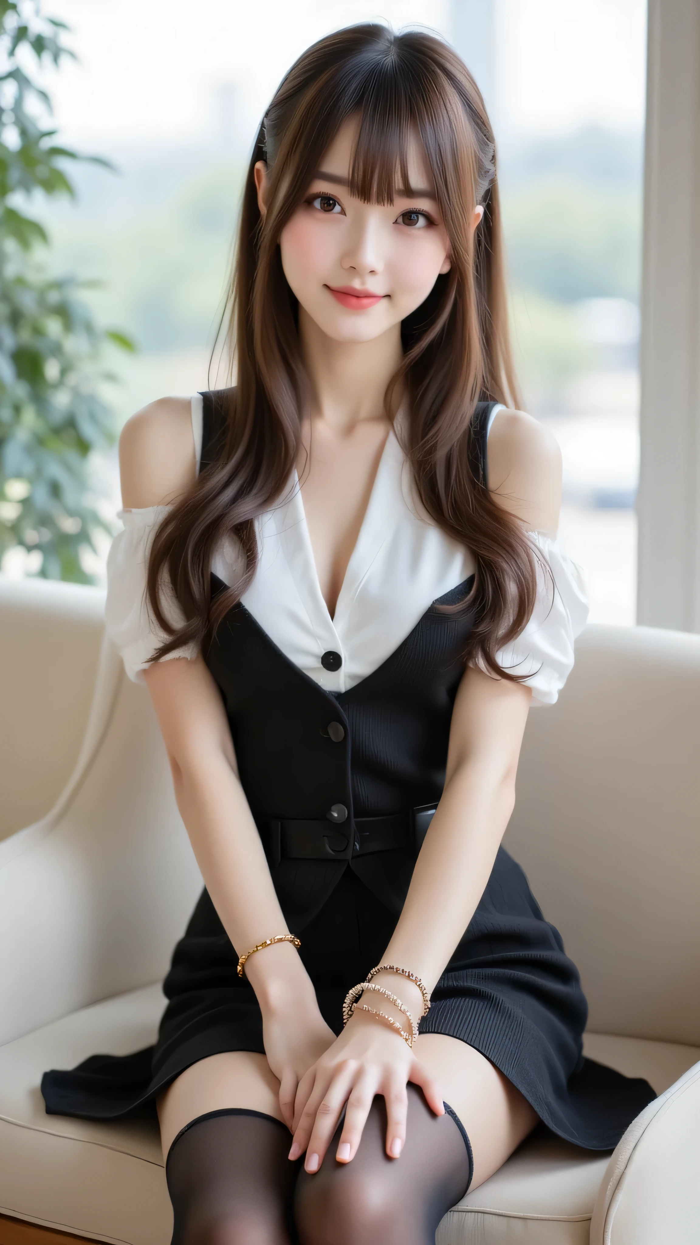 1girl,Pure Japanese Business Girl,open shoulders allure short dress, high heels, skirt for ears, (Panties and pantyhose), formal hairstyle, Formal Makeup, Striking large brown eyes, pure smile, is sitting, Open Your , Sweet Temptation , professional portrait, Dazzling Summer Sun , 1 girl on break day, solo, long hair, high resolution, Look, high resolution, masterpiece, 解剖学的にaccurate, accurate, number々award for a solid gold bicycle , 最高quality, details, 高いdetails, HD model, quality, very detailsed, , textured skin, Super Fine, long hair, Bangs, 目の間のBangs, とてもlong hair, quick, 分け目のあるBangs, Fluttering Hair, Princess Cut, simple background, glitter effect, Blurred, blur background, スーパーdetailsな, スーパーdetails, alluring poses