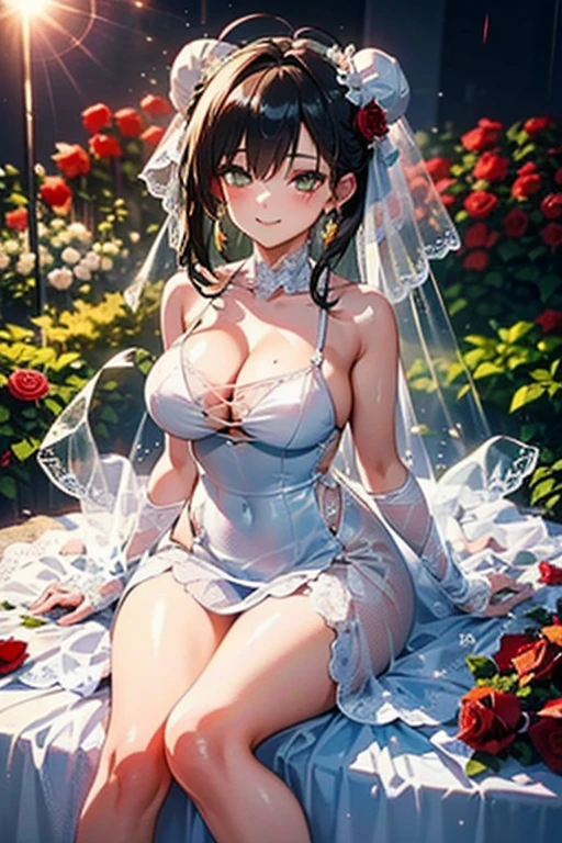 masterpiece, 1girl, chignon hairstyle, natural black hair, altar on field near the river, long eyeliner, red lipstick, ???? pose, flowers, medium ??????, pale brown eyes, white stocking, rose petals, ???? pose, white laced ?????????, ???? wedding attire, ????