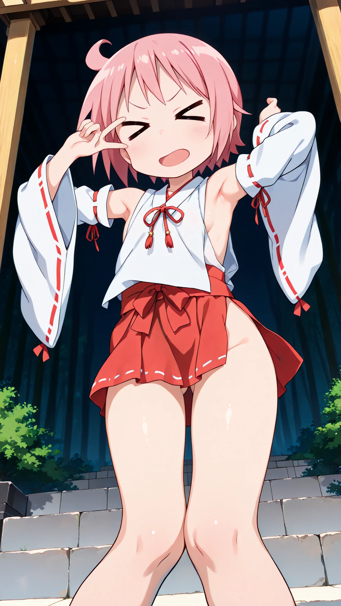 nonohara yuzuko, pink hair, short hair, ahoge,,bangs,nsfw,((anime style)),score_9, score_8_up, score_7_up, source_anime,,1girl, ((miko)),  (((((mini slit red skirt))))),, Exposed thighs ,Obi knot, (flat chest) , ((side boob)) , (No panties) ,  ,(Sleeveless white clothes),((exposed shoulders)) ,((detached white sleeves)),(ribbon-trimmed sleeves),(Shrine grounds),v-shaped eyebrows,cute pose,(presenting armpit), (((low angle))),outstretched arm,((contrapposto)),((knees together feet apart)),(v over eye)
,glimpse of her thighs,cute,detailed face , front shot , ((full bady)),(((((> <))))),
