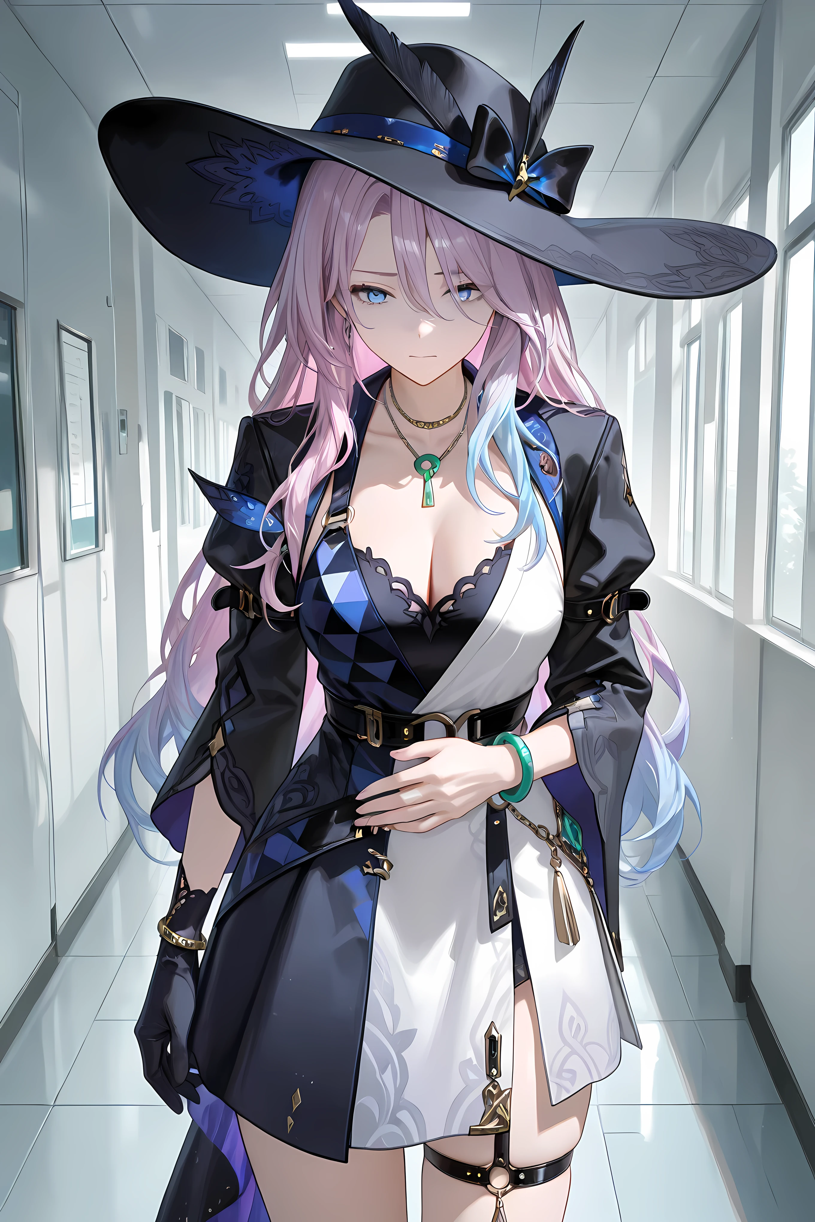 jade, black brim hat, necklace, bangle, single glove, thigh strap, lilac color hair, pastel blue eyes, cowboy shot,
Solo, general, masterpiece, highres, ultra-detailed, hyper-detailed, best quality, amazing quality, very aesthetic, best hands, best eyes, best hand
adult woman, 1Woman, leaning forward, both hand at own stomach, both hand clutching stomach, pained face, slightly pale face, clutching stomach, proportional, hallway, large hallway, steel plate walls, steel plate floor, gray steel plate, doorless, windowless,