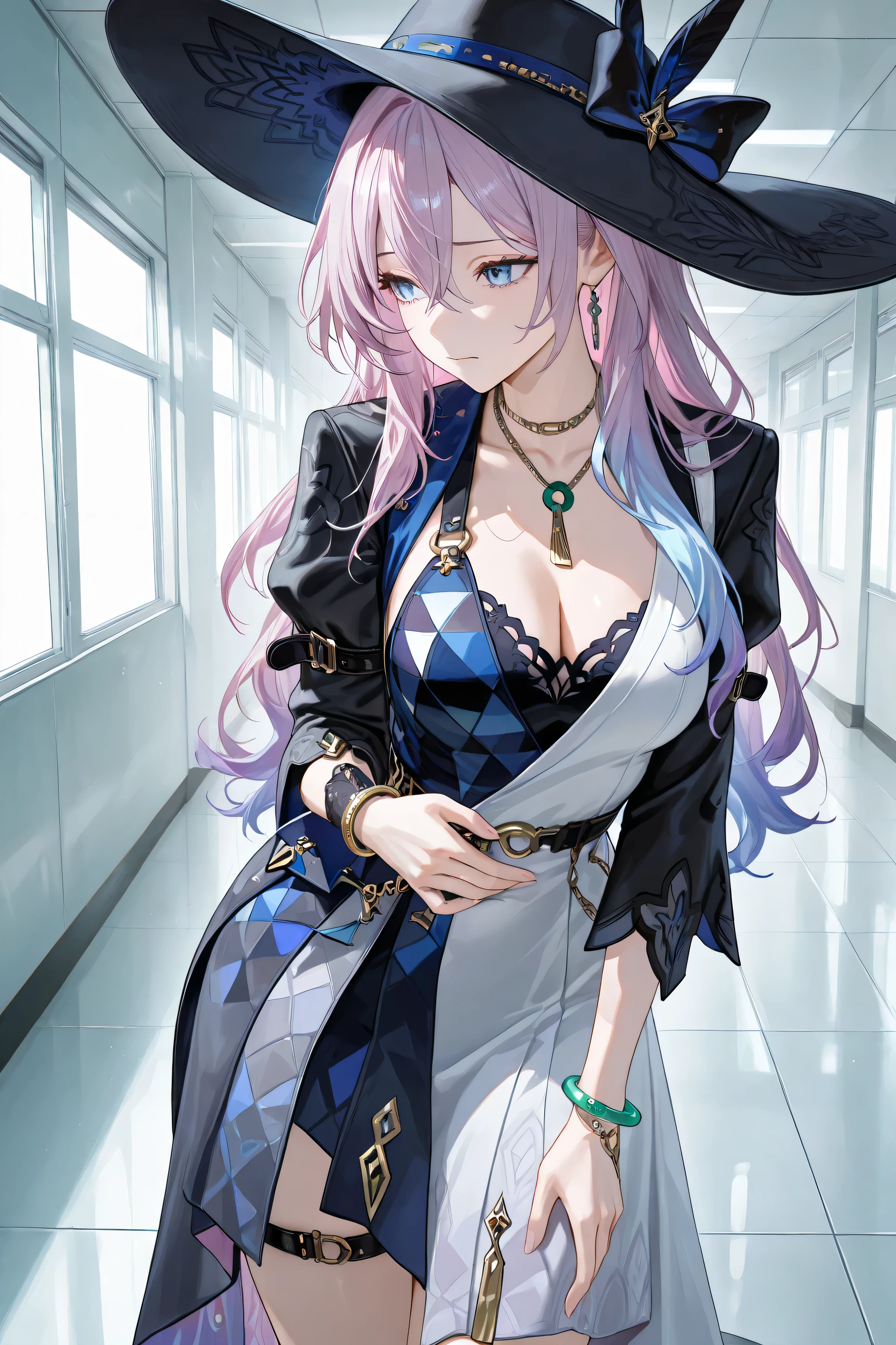 jade, black brim hat, necklace, bangle, single glove, thigh strap, lilac color hair, pastel blue eyes, cowboy shot,
Solo, general, masterpiece, highres, ultra-detailed, hyper-detailed, best quality, amazing quality, very aesthetic, best hands, best eyes, best hand
adult woman, 1Woman, leaning forward, both hand at own stomach, both hand clutching stomach, pained face, slightly pale face, clutching stomach, proportional, hallway, large hallway, steel plate walls, steel plate floor, gray steel plate, doorless, windowless,