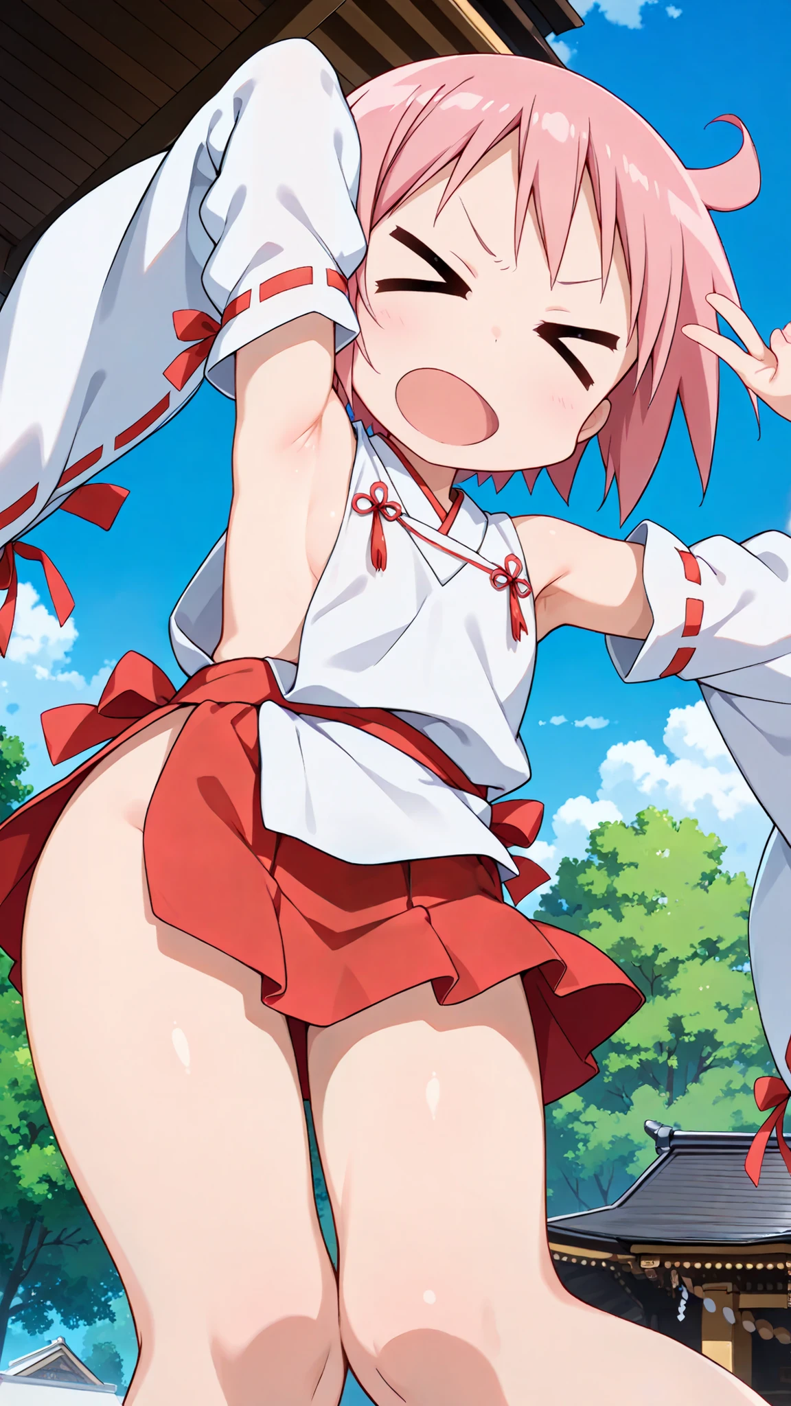 nonohara yuzuko, pink hair, short hair, ahoge,,bangs,nsfw,((anime style)),score_9, score_8_up, score_7_up, source_anime,,1girl, ((miko)),  (((((mini slit red skirt))))),, Exposed thighs ,Obi knot, (flat chest) , ((side boob)) , (No panties) ,  ,(Sleeveless white clothes),((exposed shoulders)) ,((detached white sleeves)),(ribbon-trimmed sleeves),(Shrine grounds),v-shaped eyebrows,cute pose,(presenting armpit), (((low angle))),outstretched arm,((contrapposto)),((knees together feet apart)),(v over eye)
,glimpse of her thighs,cute,detailed face , front shot , ((full bady)),(((((> <))))),
