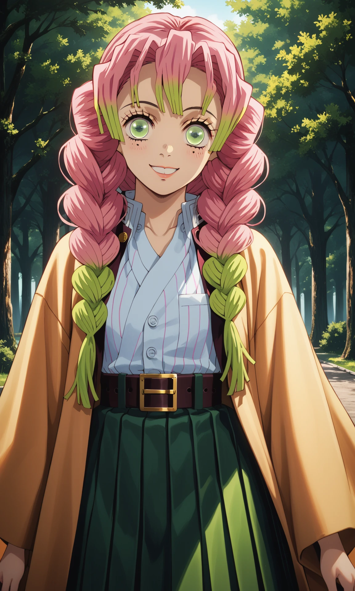 Mitsuri_normal, smirk, (gorgeous, beautiful, enchanting:1.3), pale green eyes with long eyelashes, a small beauty mark beneath each of them, light pink hair that fades into a lime green color at the halfway point, one girl, 1 girl