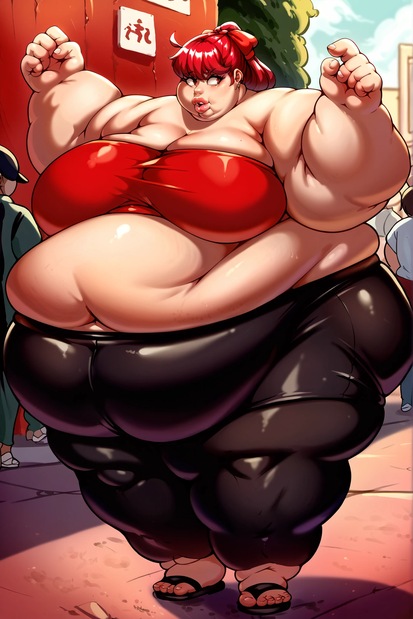 defSumi, long hair, ponytail, red bow, red hair, tube top, black bike shorts, sandals, giant hands, giant feet, fat, chubby, obese, gigantic arms and legs, gigantic breasts, sagging breasts, full body shot, fat face, chubby face, double chins, big lips, fat hands, fat finger's, chubby hands, chubby fingers, arms to the side, walking in public, 