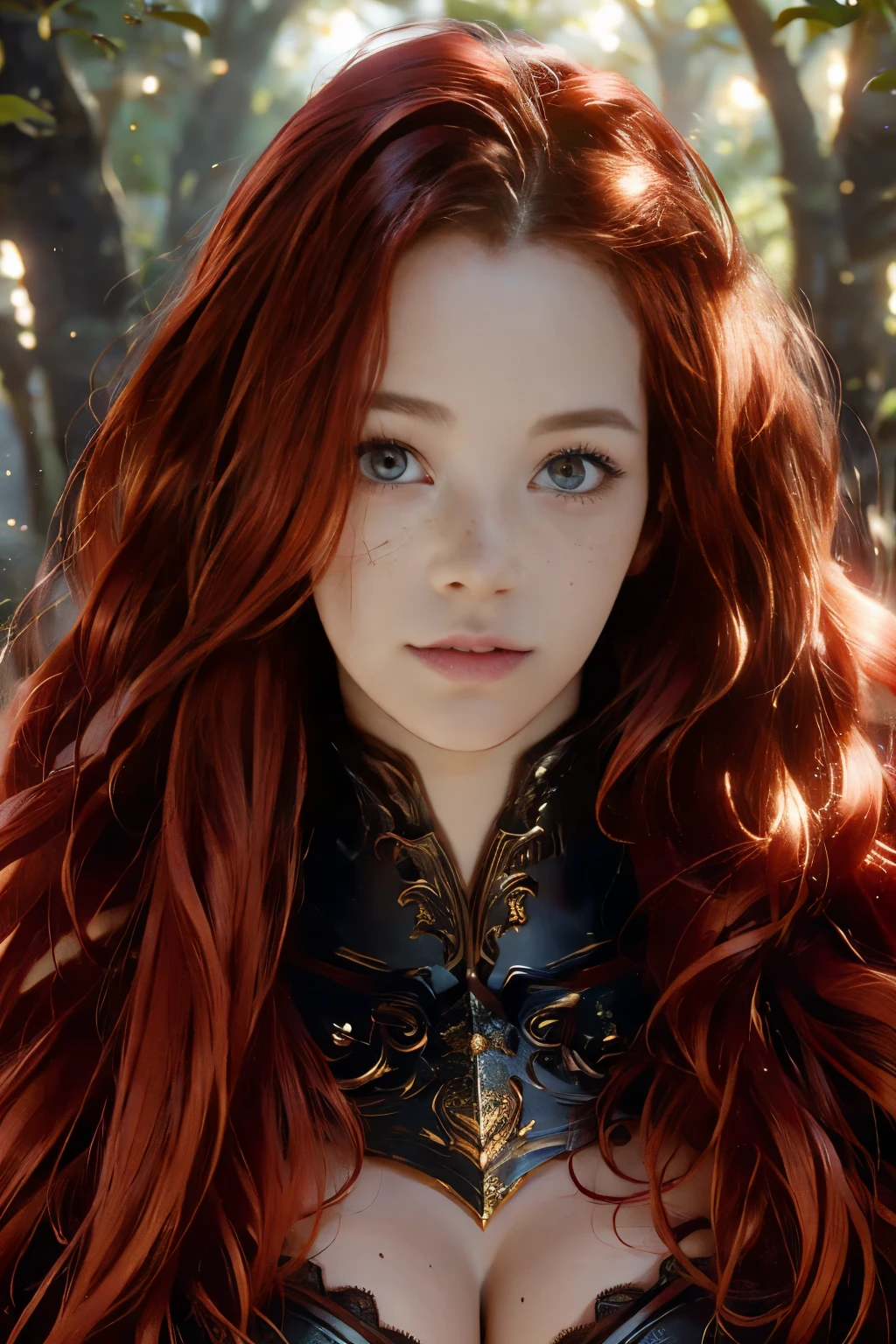 Fantasy, medieval, ((best quality)), ((masterpiece)), (detailed), perfect face, perfect body, hot woman, young, beautiful sexy elf, walking, redhead, long hair, messy hair, big eyes, heavy black eyeliner, freckles, cameltoe, outdoors, gloomy forest, wearing armor, perfect breasts, corset, armored skirt