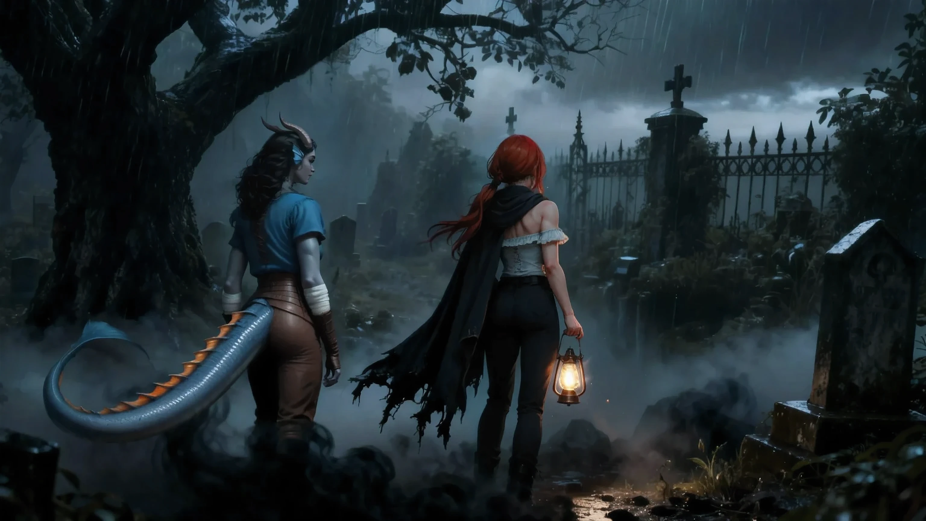 Better quality, Ultra-detailed, Highest resolution 8K, Cinematic emotional static frame, 8K UHD, Extremely detailed, physical visualization, masterpiece,
dark aesthetics. Gloomy shot. dark fantasy style.
2 CHARACTER а рядом в кадре:
1 character: on the left is Kedra, fins on the head, long tail, black hair, brown pants, medieval boots, blue tunic.
2 CHARACTER : In the foreground, on the right, there is a woman with her back: (grey eyes), tattered cloak, black cloak, glowing lantern, lantern, black trousers, hair ribbons, gray shirt, white frill trim, strapless sleeveless shirt, stoic, swept bangs, low twin tails, long hair, dark red hair, (masterpiece:1.2, highest quality), (horoshiy_Hands), (5 fingers:1.3), dark red hair, long hair, low double tails, combed bangs, Stoic, strapless top, white ruffle trim, gray shirt, hair bands, black pants, flashlight, glowing flashlight, black cloak, the rags of the cloak .
Against the background, an ancient abandoned cemetery and a tree. A thick black fog spreads across the ground. Thick black smoke spreads across the ground. An ominous black fog stretches across the ground, not in front of us.
it's raining. gloomy sky. gloomy.