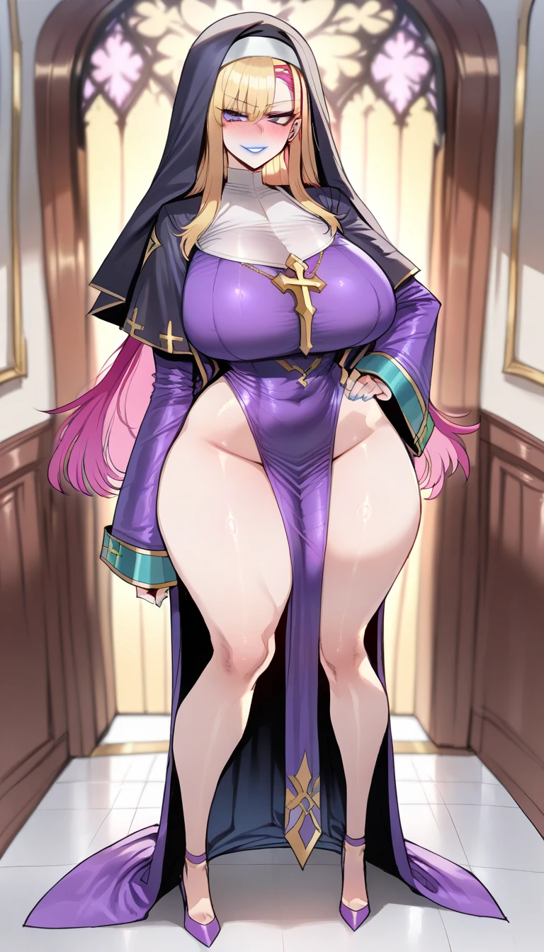 A girl with very long straight purple hair and purple eyes with tan skin and full ??????? standing straight facing the viewer who is fully ?????, perfect, ???????, ??????,