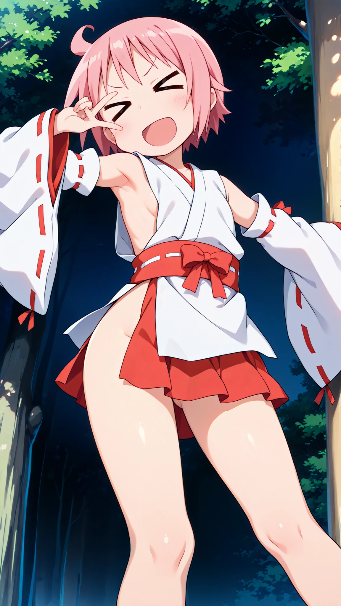 nonohara yuzuko, pink hair, short hair, ahoge,,bangs,nsfw,((anime style)),score_9, score_8_up, score_7_up, source_anime,,1girl, ((miko)),  (((((mini slit red skirt))))),, Exposed thighs ,Obi knot, (flat chest) , ((side boob)) , (No panties) ,  ,(Sleeveless white clothes),((exposed shoulders)) ,((detached white sleeves)),(ribbon-trimmed sleeves),(Shrine grounds),v-shaped eyebrows,cute pose,(presenting armpit), (((low angle))),outstretched arm,((contrapposto)),((knees together feet apart)),(v over eye)
,glimpse of her thighs,cute,detailed face , front shot , ((full bady)),(((((> <))))),
