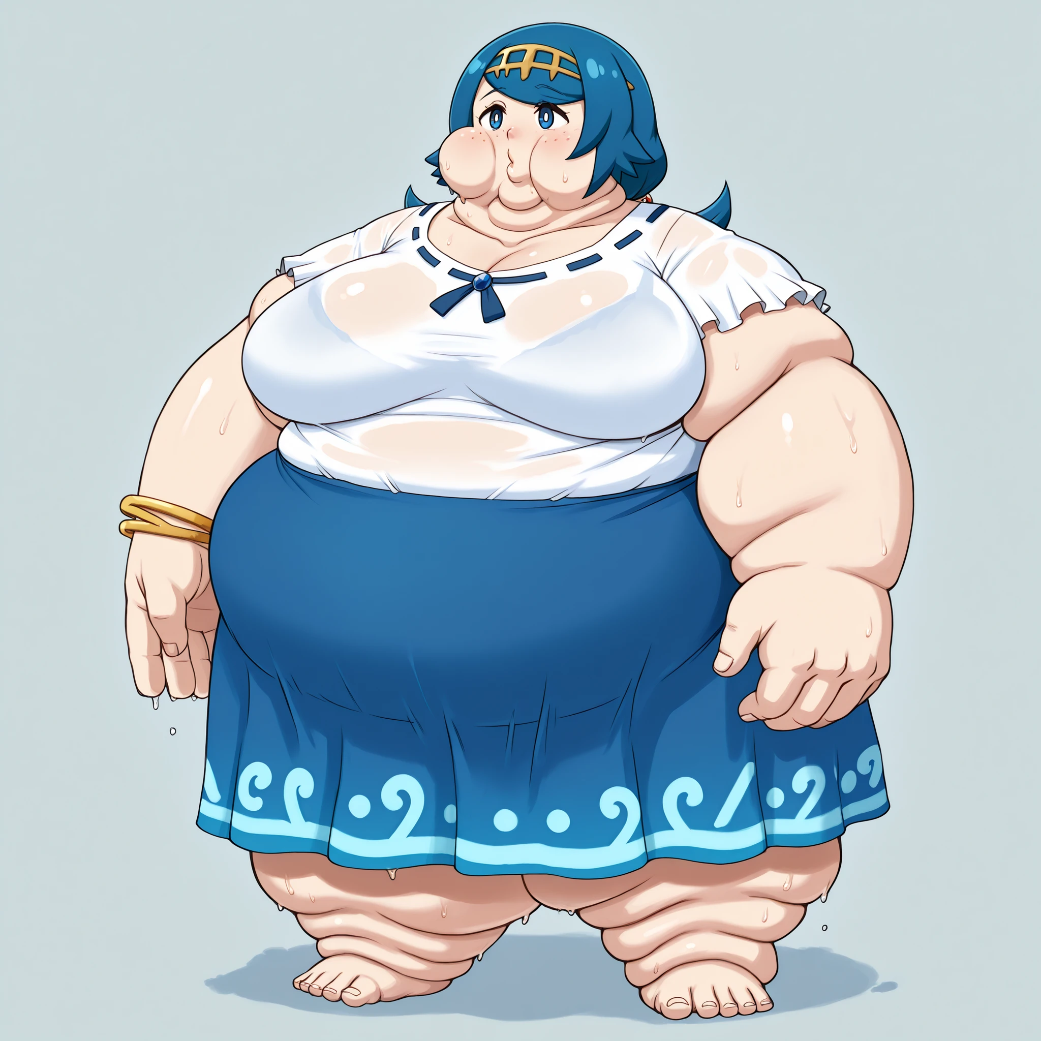 pokemonmotherlana, blue eyes, blue hair, freckles, hair ornament, long hair, swept bangs, bright pupils,
blouse, blue skirt, bracelet, collarbone, dress, jewelry, long skirt, shirt, short sleeves, skirt, white shirt, blank_stare, empty_stare, fat, chubby, obese, gigantic arms and legs, large breasts, sweating, wet body, swollen face, Fat_neck , Fat head , eyes with crushed cheeks , nose with crushed cheeks , mouth with crushed cheeks , chin roll,
only head, large head, oversized limbs, large hands, large feet, oversized feet, oversized fingers, big lips, plump lips, fat face, fupa, big fupa, fat fupa,