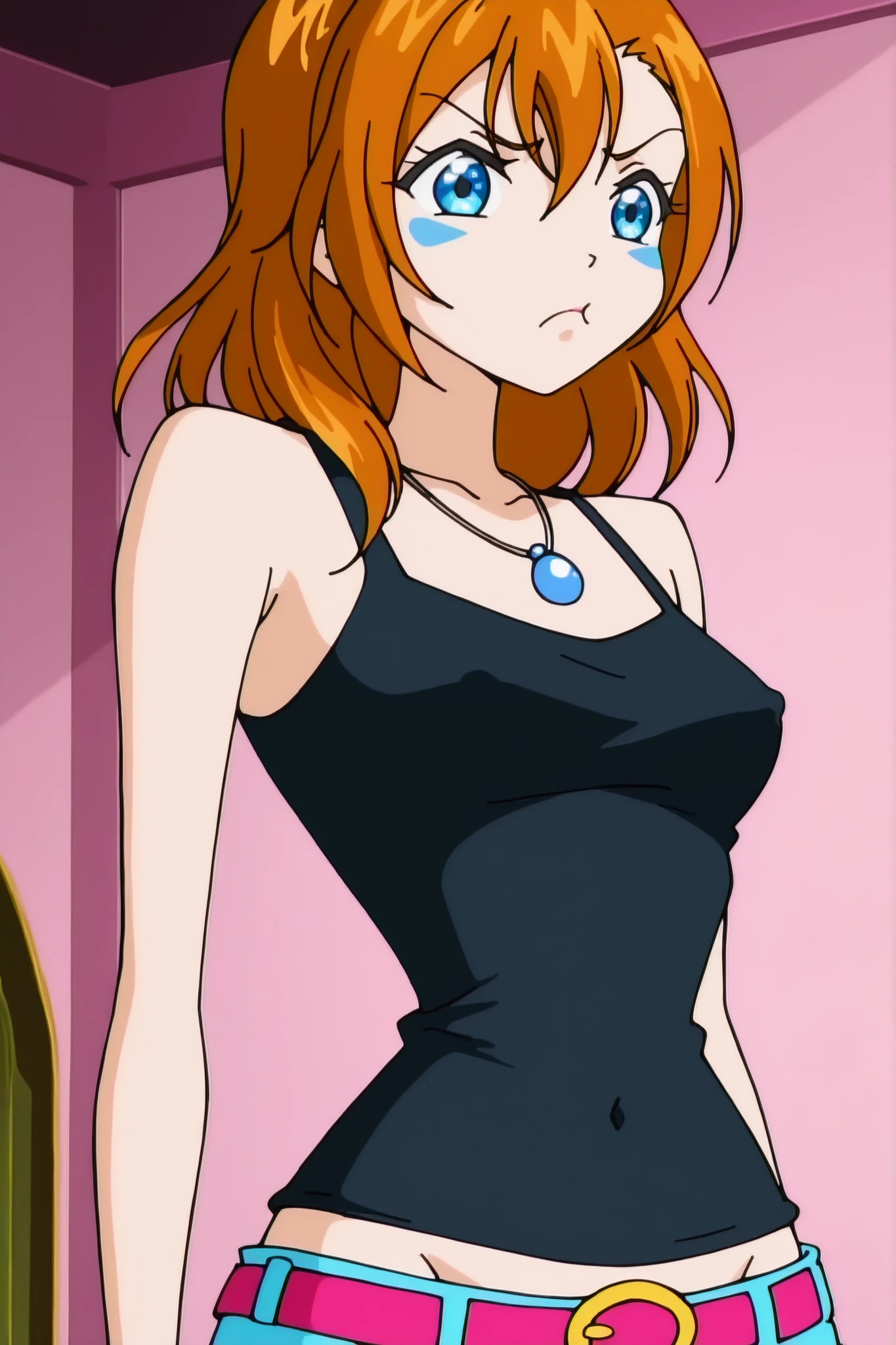 winx , 1girl, anime screen cap, kousaka honoka, upper body, black tank top, necklace, makeup around eyes, pouting , covered navel , lowleg,belt,(covered nipples:0.8), indoors 