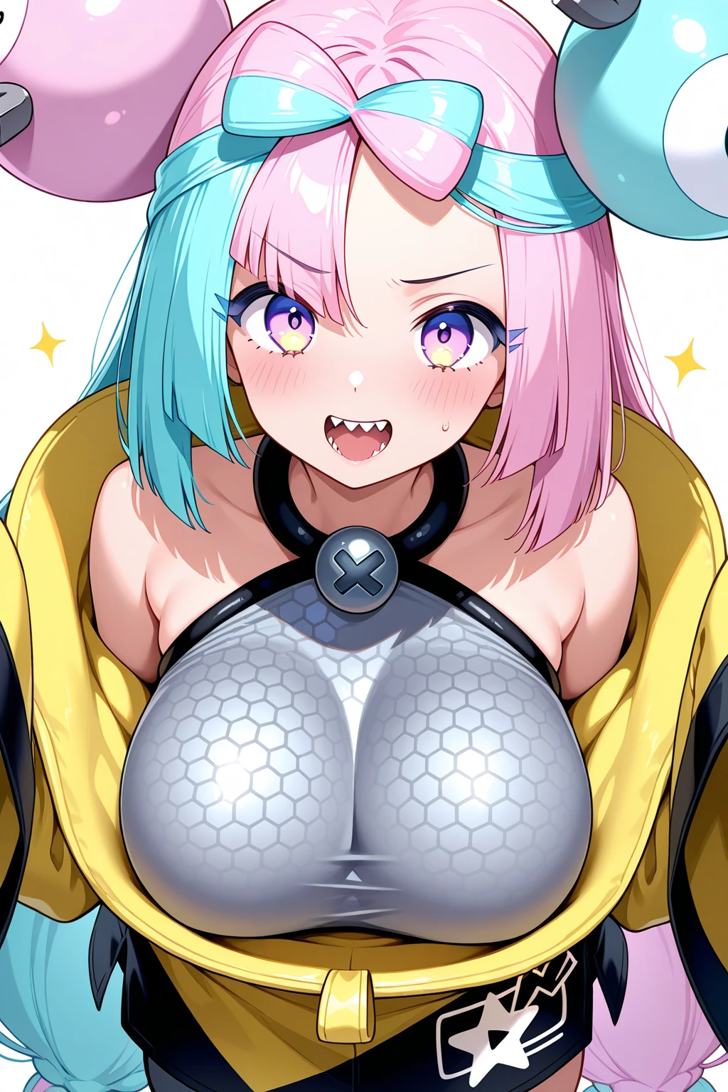 (((Little girls,)))((solo girl)),((score_8_up, score_7_up, score_6_up, score_5_up, score_4_up, anime screenshot
 1girl, solo, iono (pokemon),((enamel grey vest)), multicolored hair, long hair, character hair ornament, bow-shaped hair,)),((Perfect body,))Heavy breathing,saliva, sweat, Sweaty and wet all over,((Perfect body,))((Super beautiful,))((High quality,))((gigantic breast,))pov, Looking at Viewer,Sweaty body, Rough breathing, sweaty body,Blushing, looking shy at viewer,love hotel room on the bed, The whole body is wet and the skin is glossy and shiny, (masterpiece), collar,cowboy shot,nsfw,(half open eyes,)nipple,((face focus,face CloseUP)),kissing,((incoming kiss,incoming hug,))(half open eyes,)(clear face,)kissing face,kissing mouth and lips,Pressing lips,saliva trail,((She has a pursed mouth)),glaring shyly,open arms,