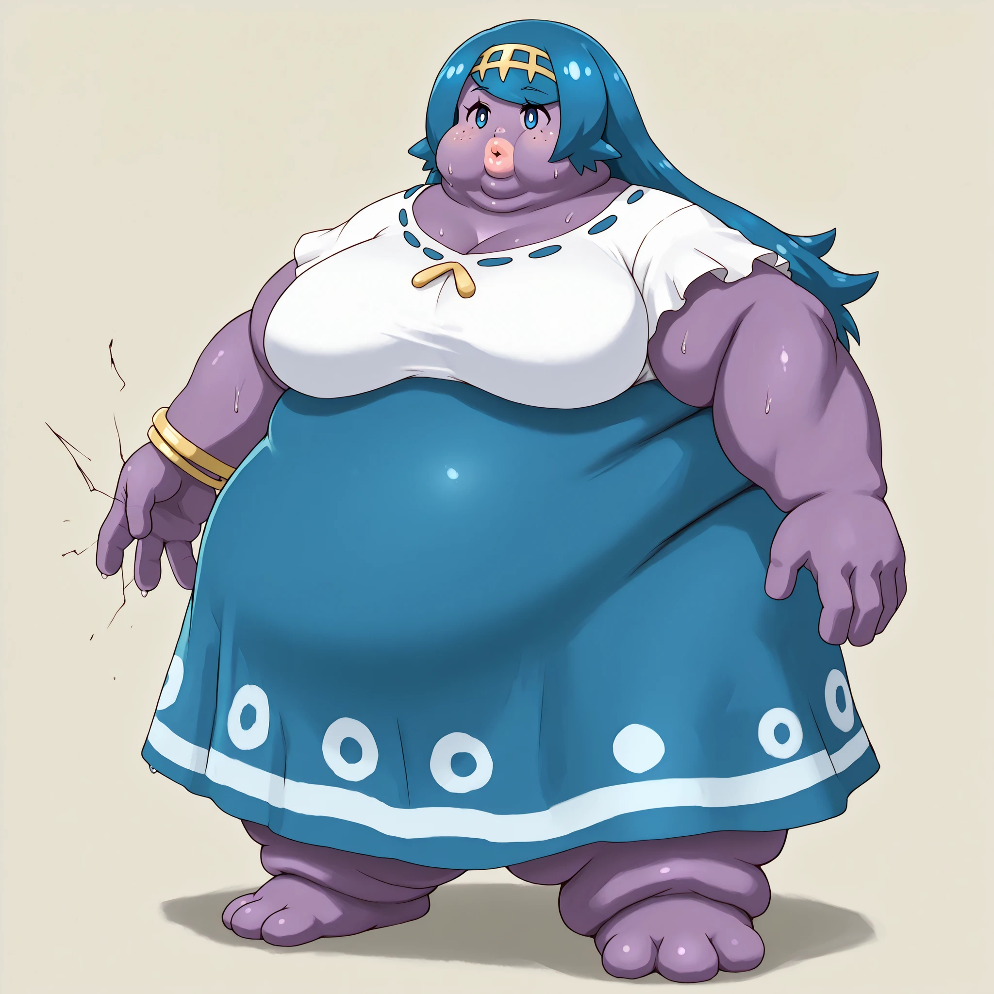 colored skin, lips, thick lips, pokemon (creature), no humans, purple skin, pokemonmotherlana, blue eyes, blue hair, freckles, hair ornament, long hair, swept bangs, bright pupils,
blouse, blue skirt, bracelet, collarbone, dress, jewelry, long skirt, shirt, short sleeves, skirt, white shirt, blank_stare, empty_stare, fat, chubby, obese, gigantic arms and legs, large breasts, sweating, wet body, swollen face, Fat_neck , Fat head , eyes with crushed cheeks , nose with crushed cheeks , mouth with crushed cheeks , chin roll,
only head, large head, oversized limbs, large hands, large feet, oversized feet, oversized fingers, big lips, plump lips, fat face, fupa, big fupa, fat fupa,