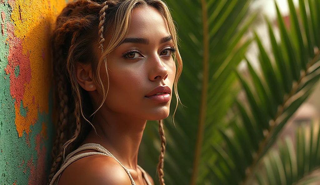 portrait of skswoman, hopeful , wearing beachwear , with black Side braid , background dungeon epic (photo, studio lighting, hard light, sony a7, 50 mm, matte skin, pores, colors, hyperdetailed, hyperrealistic),
