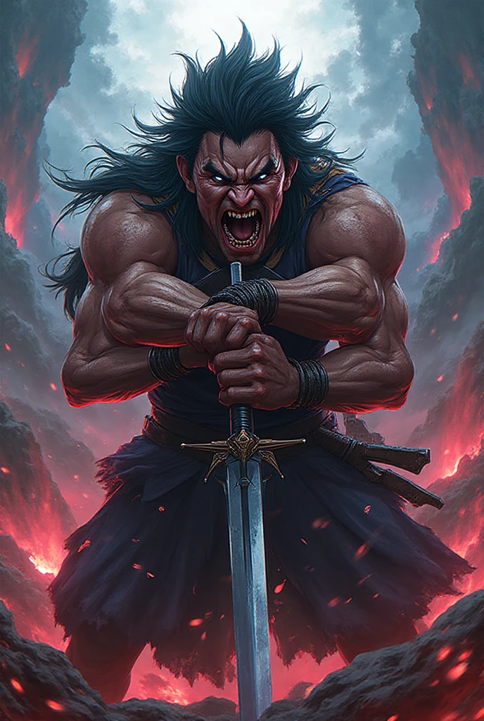 battlefield、1 male、strong arm、Lumpy body、muscular body、long hair、black hair、armor、white of eyes、Brave、big sword、Large sword、swing a sword、wind effect、All in one、cool、A bold smile、Flaming Sword、燃えるLarge sword、Blood droplets、injury、Vomiting blood、Large scratches、One eye is destroyed、scar on one eye、One glowing eye、brown skin、Pattern on the body、tooth、Sword piercing the body、Arrows pierce