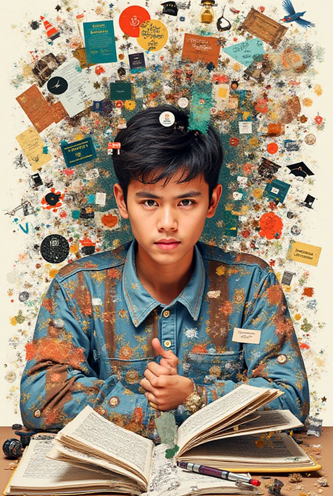 A young male twink, cute, beautiful, feminine, with a beautiful face with makeup, black hair, and his eyes have dark circles under them. He is wearing a long-sleeved aquamarine shirt and white jeans. He is in the College of Medicine, studying on the blackboard with brain  written on it. He is sitting at a desk with scientific books on it.  Medical and brain  manuscripts
