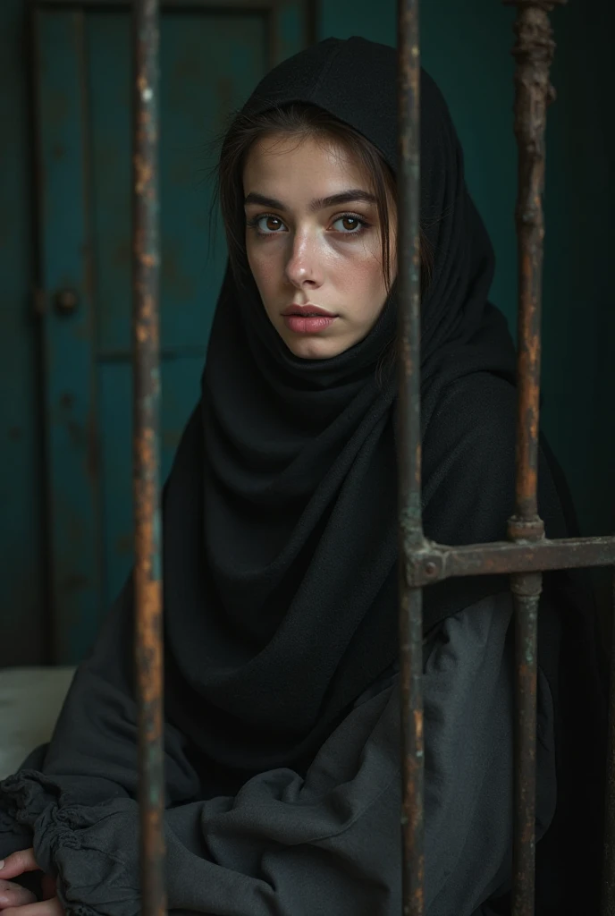Black eyed black eyebrows kurdish teen in black straight hijab shoulder arm sitting in abandoned room necklace bracelet completely