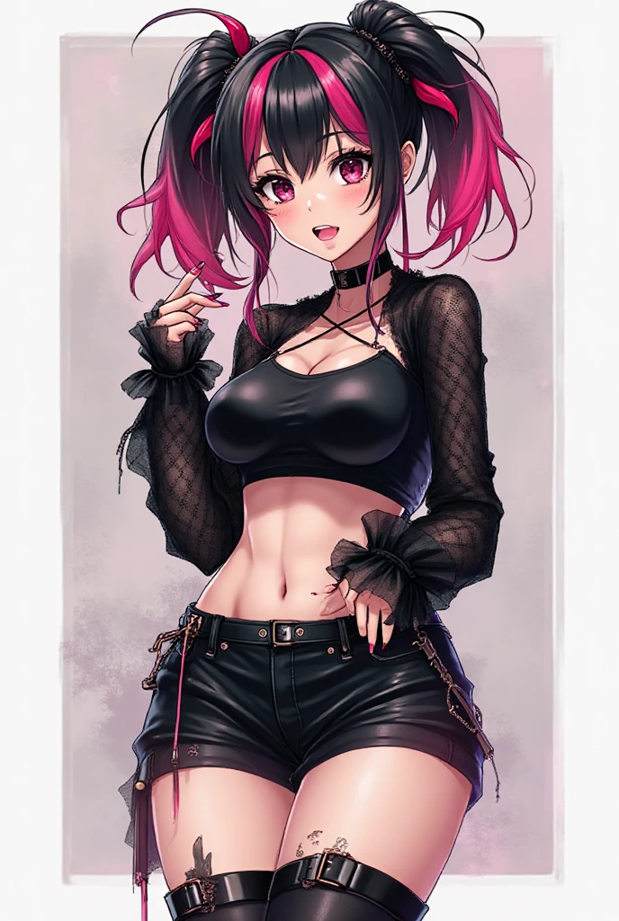 captivatingly beautiful woman, goth hairstyle, golden eyes, full lips, goth, cotton top, booty shorts, curvy, ?????????????, porcelain skin, deep cleavage, solo, goth punk, modern, light blush, confident, standing, simple gradient colored background, crimson hair